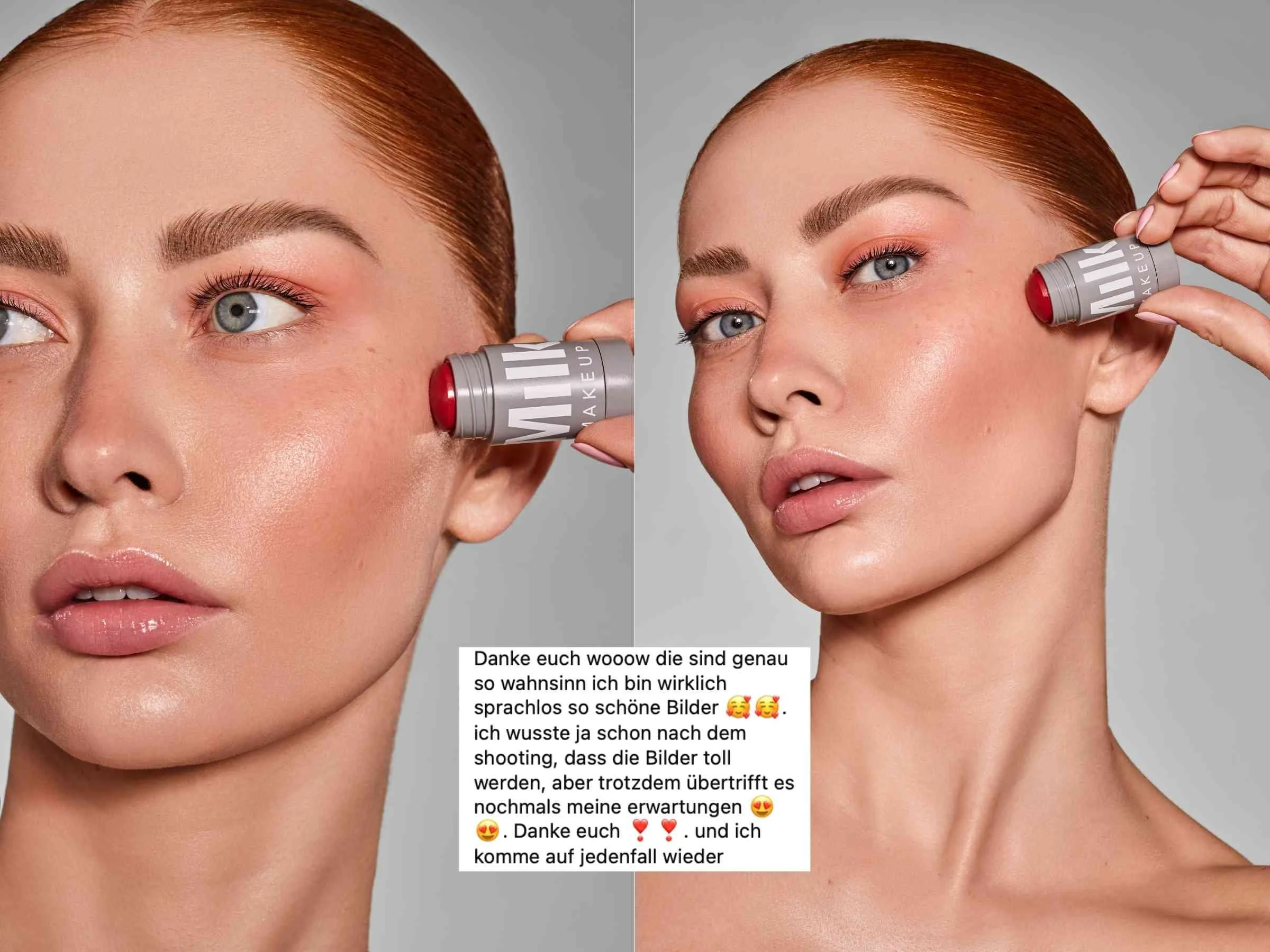 Zwei Frauen mit roten Haaren und make-up, die jeweils Kosmetikprodukte auf die Wange auftragen, gegen einen grauen Hintergrund.