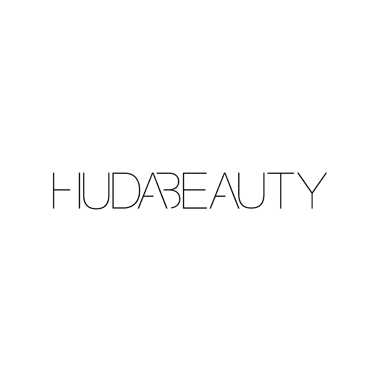 Logo der Marke Huda Beauty, stilvolle schwarze Schrift auf dunklem Hintergrund.