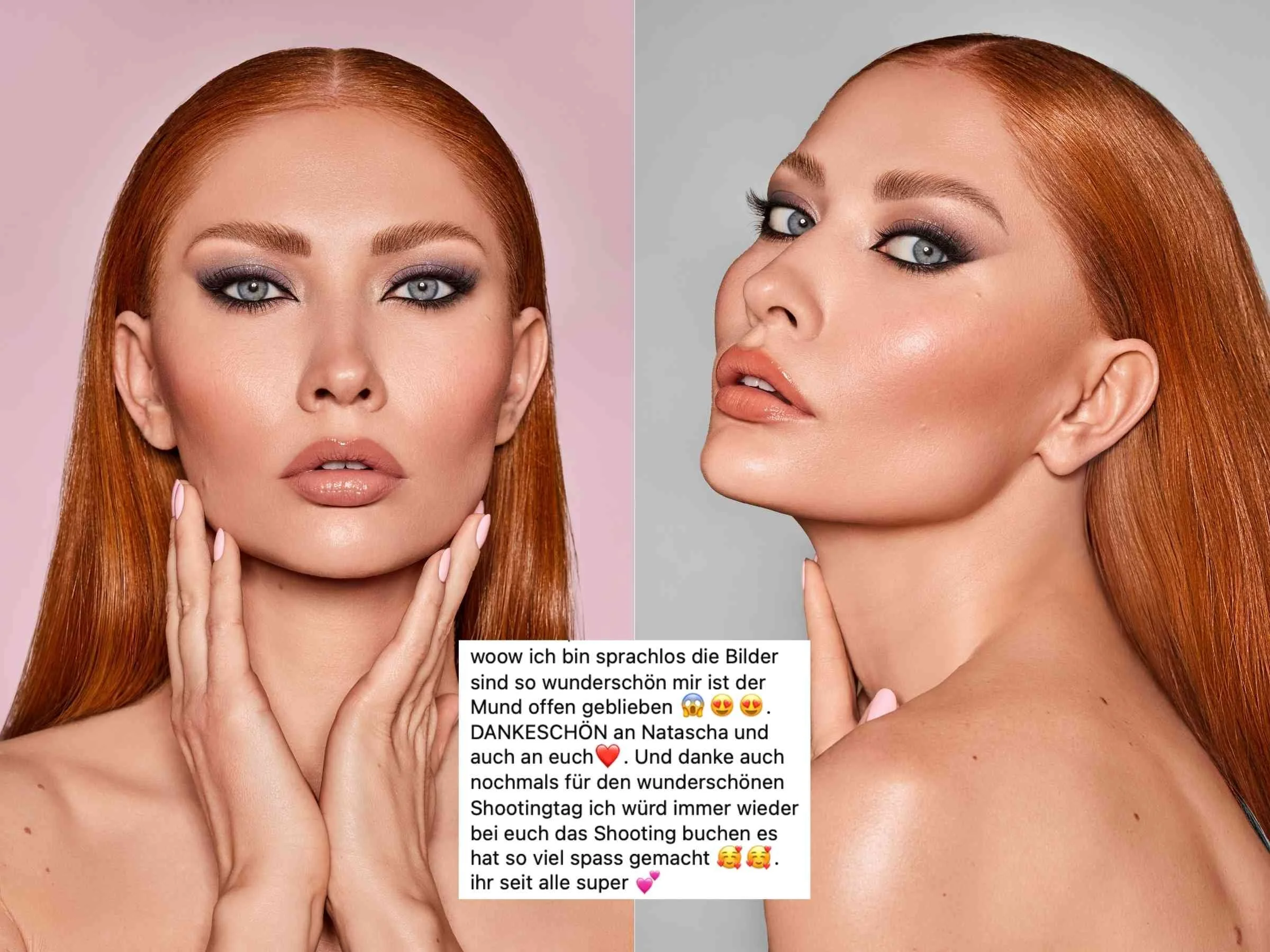 Ein Fotoprojekt mit zwei Nahaufnahmen einer roten-haired Frau, die Make-up trägt, auf der linken Seite gegen einen pinken Hintergrund, auf der rechten Seite gegen einen grauen Hintergrund. Im Bild ist ein Textblock mit einer Dankesnachricht an Natascha und das Team während eines Shooting-Tags.