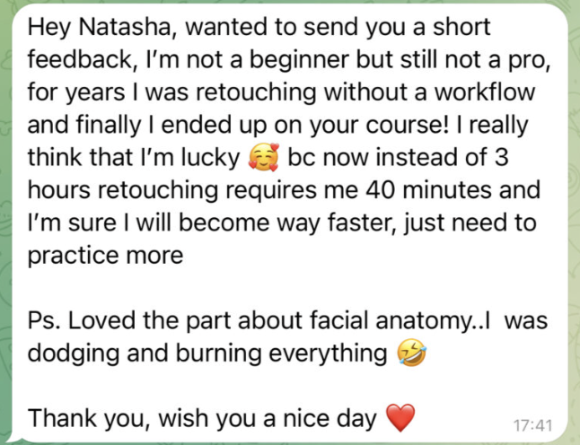 Ein WhatsApp-Chatverlauf mit einer Nachricht an Natasha, in der der Absender Feedback gibt, seine Erfahrung beim Retuschieren beschreibt, ihre Kursbewertung teilt und freundliche Wünsche sendet.