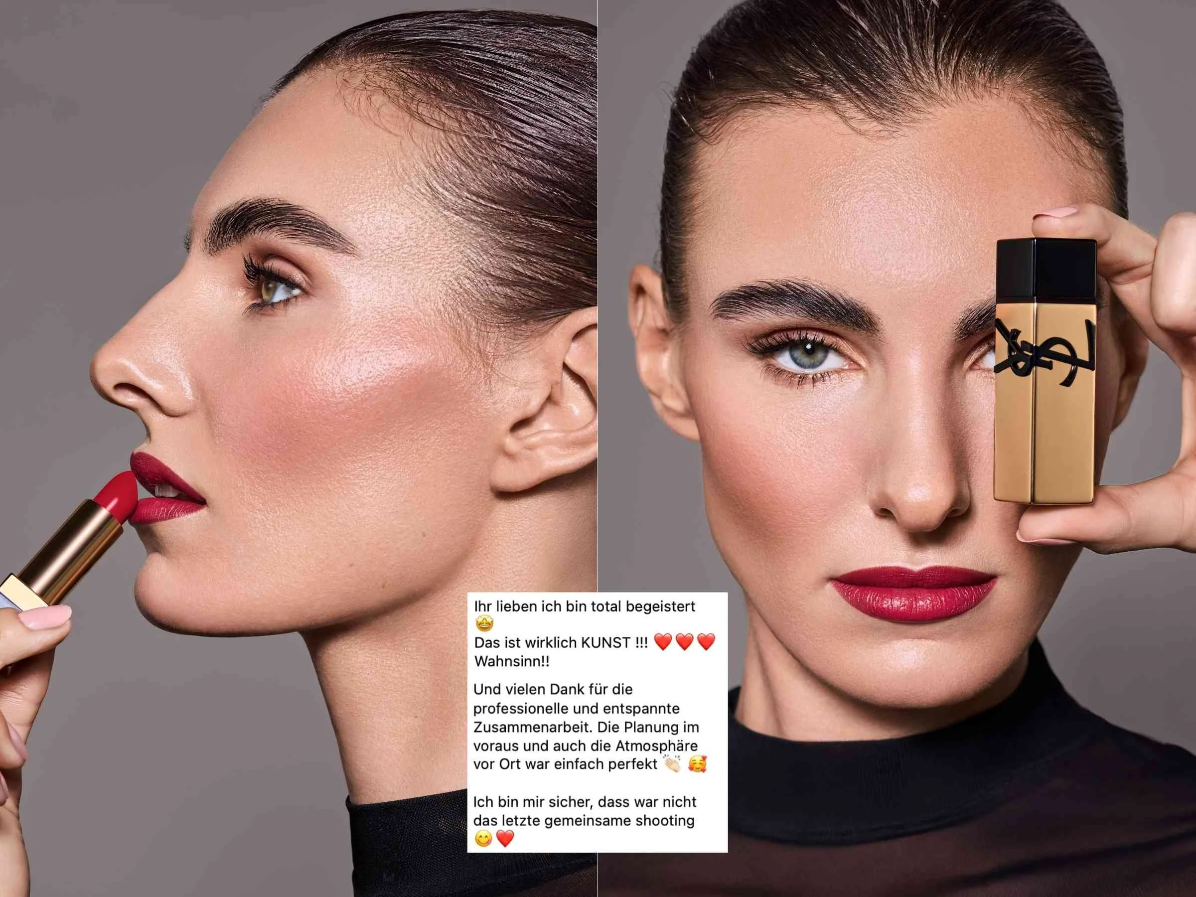 Zwei Frauen, eine trägt roten Lippenstift und hält ihn am Mund, die andere hält einen Yves Saint Laurent Lippenstift vor ihr Gesicht. Beide haben dunkle, nasse Haare, volle Augenbrauen, makellose Haut und tragen dunkle Kleidung. Der Hintergrund ist grau.