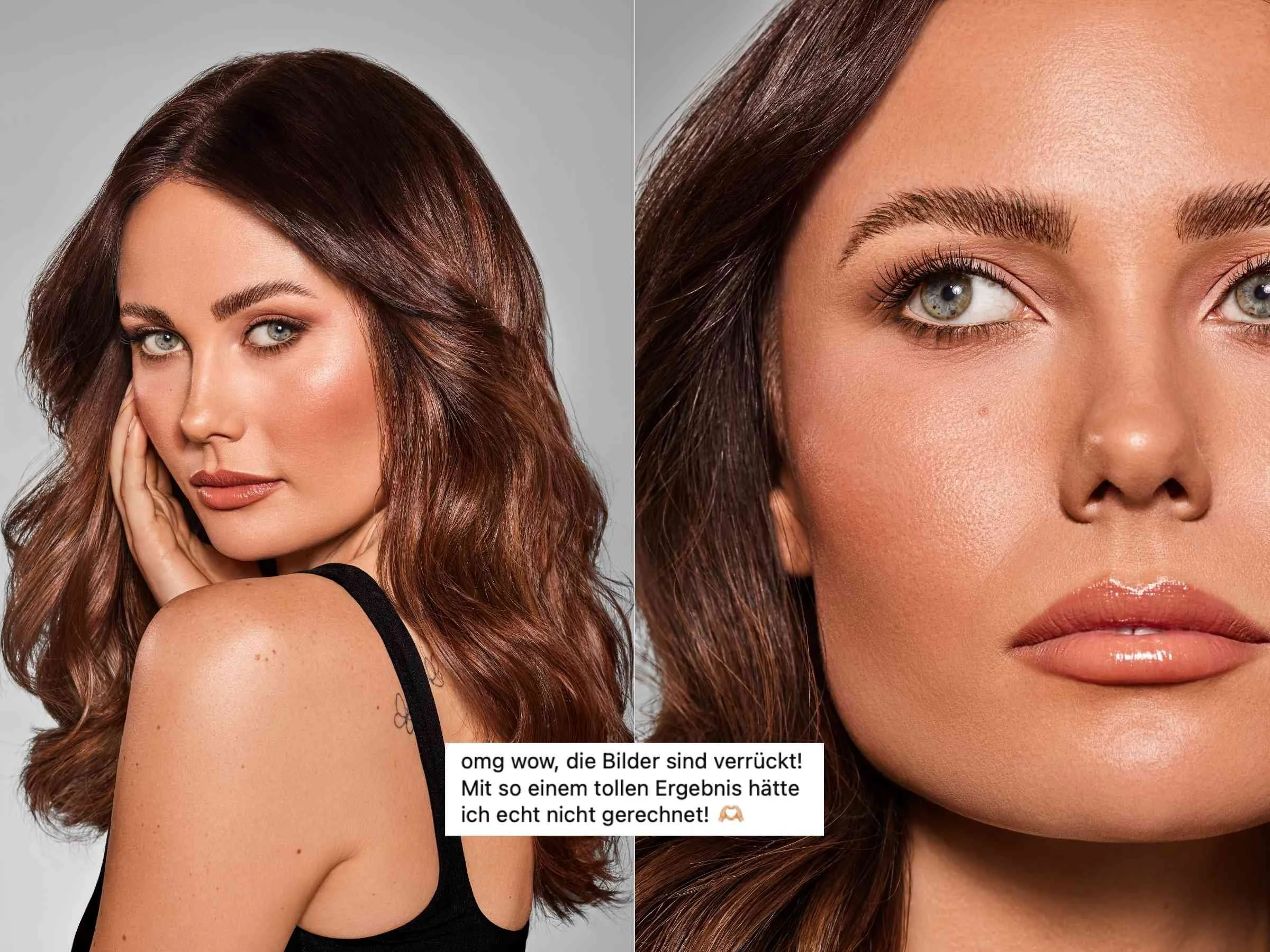 Zwei Nahaufnahmen einer Frau mit braunen, gewellten Haaren und heller Haut. Das Bild auf der linken Seite zeigt sie in einem schwarzen Top, sie hat blaue Augen und trägt Make-up. Das Bild auf der rechten Seite ist ein close-up ihres Gesichts, Fokus auf Augen, Nase und Lippen. Es gibt einen Kommentar auf Deutsch, der sagt, die Bilder seien verrückt und das Ergebnis ungewöhnlich.