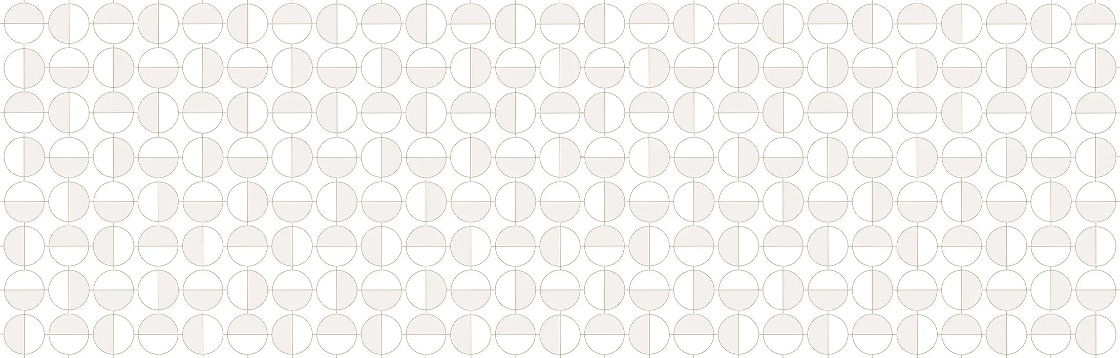 Pattern of white circles with semi-circles and lines inside them, arranged in a grid on a white background.