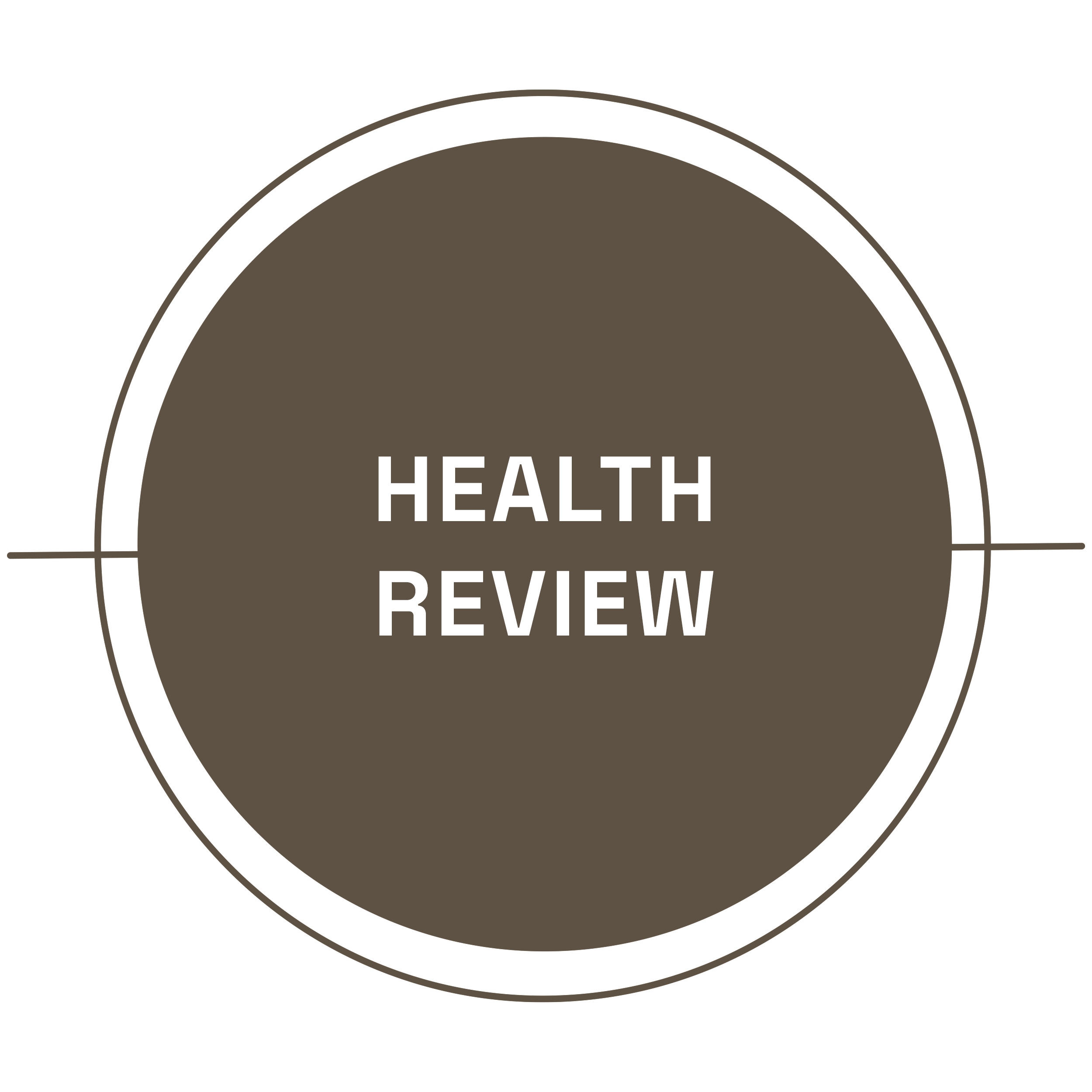 Graphic with a dark brown circle and the words 'Health Review' in white, surrounded by a thin, double line circle.