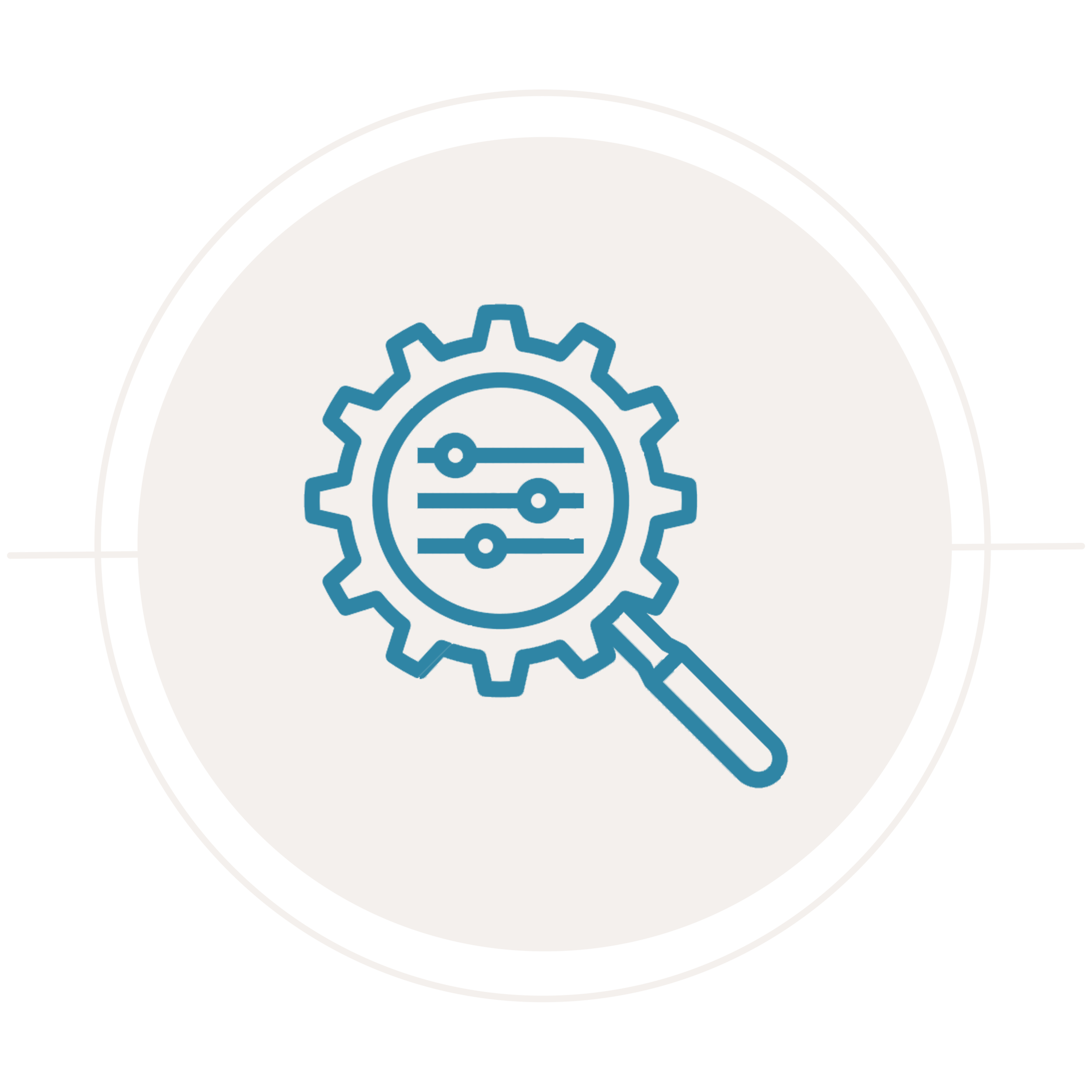 Icon of a gear with sliders inside, magnified by a magnifying glass. Background is black with a white circular area.