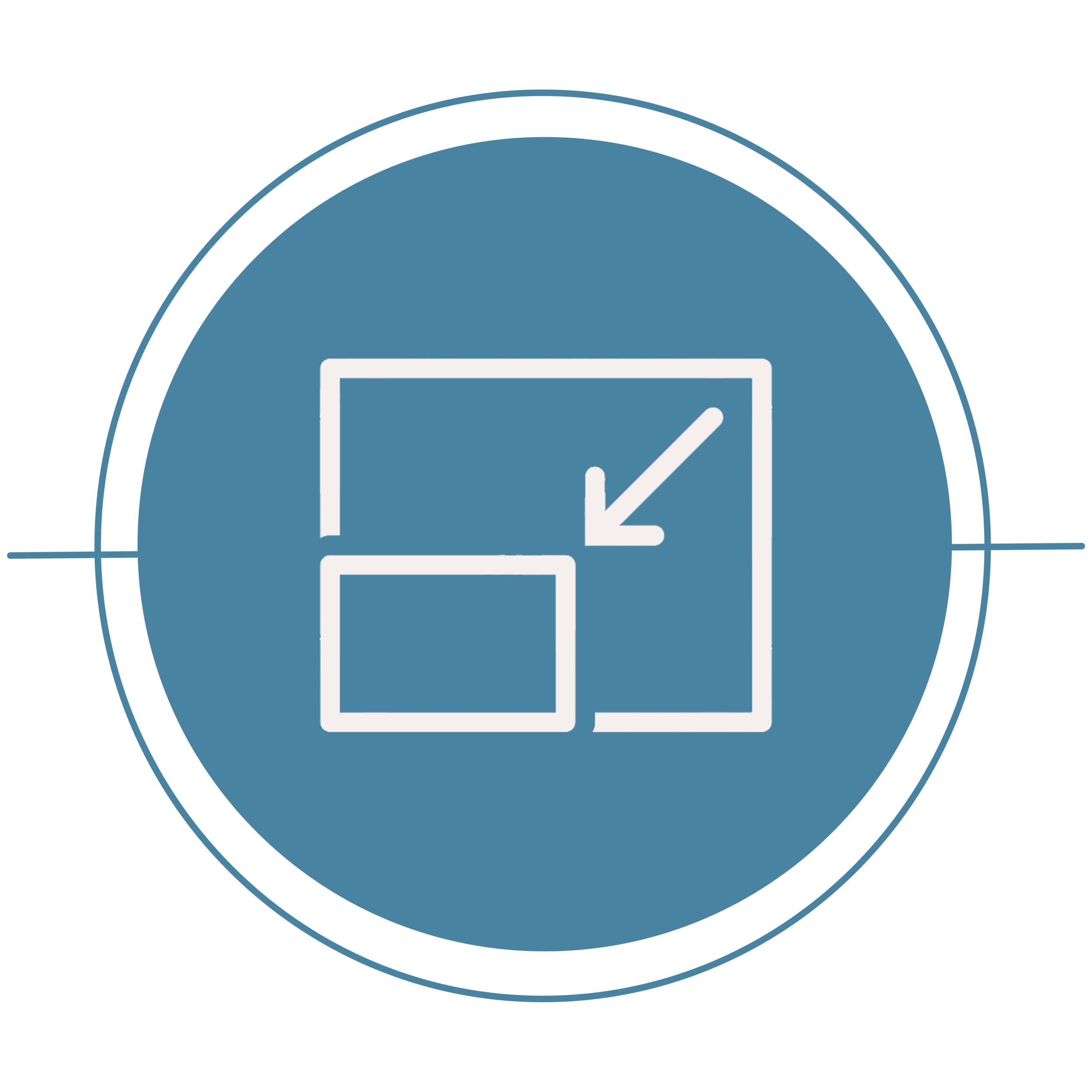 Graphic with a white outline of three overlapping squares, with an arrow pointing to the top right corner of the largest square, all on a blue circular background.