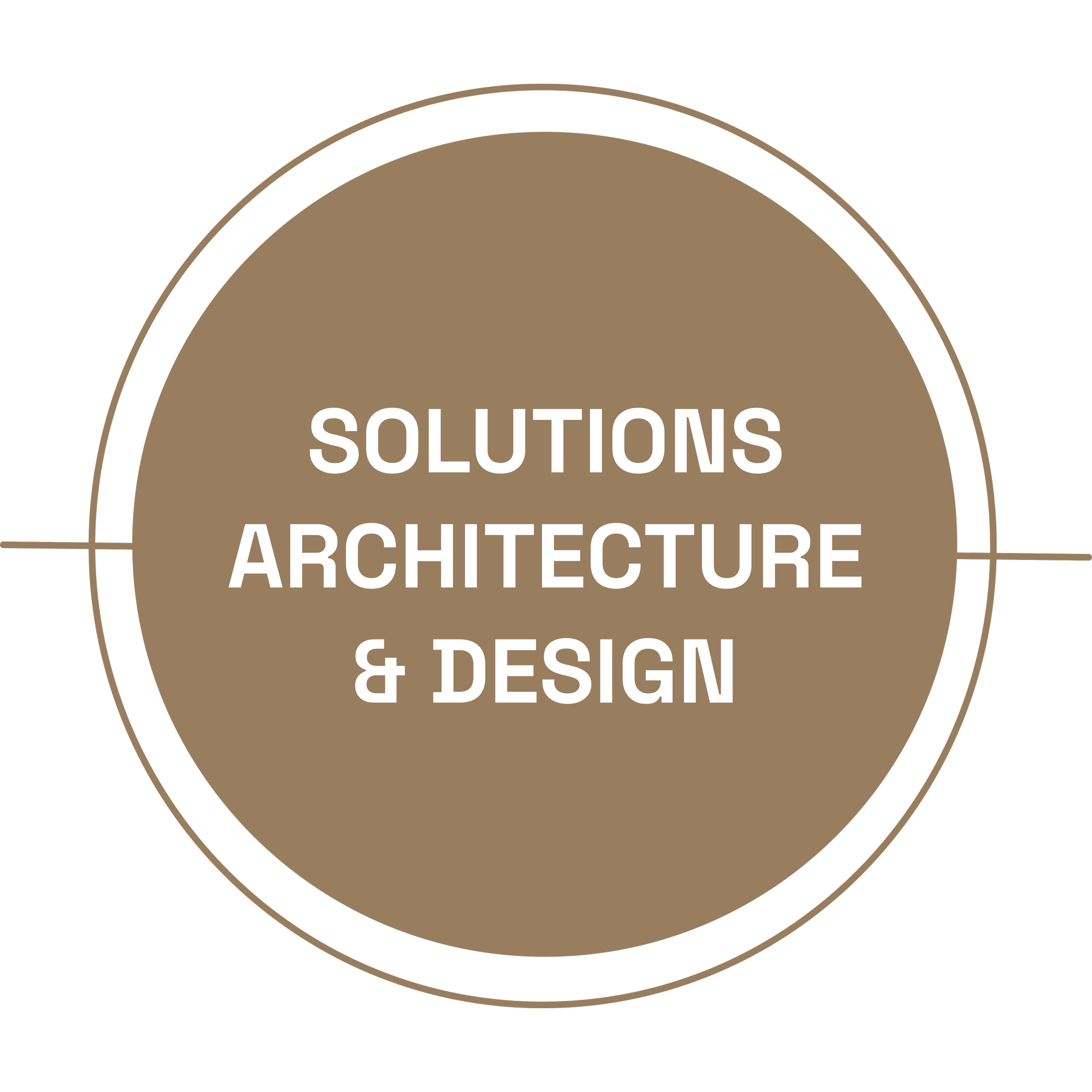 Graphic design with a large brown circle containing white text that reads 'SOLUTIONS ARCHITECTURE & DESIGN', surrounded by a thin gold outline on a black background.