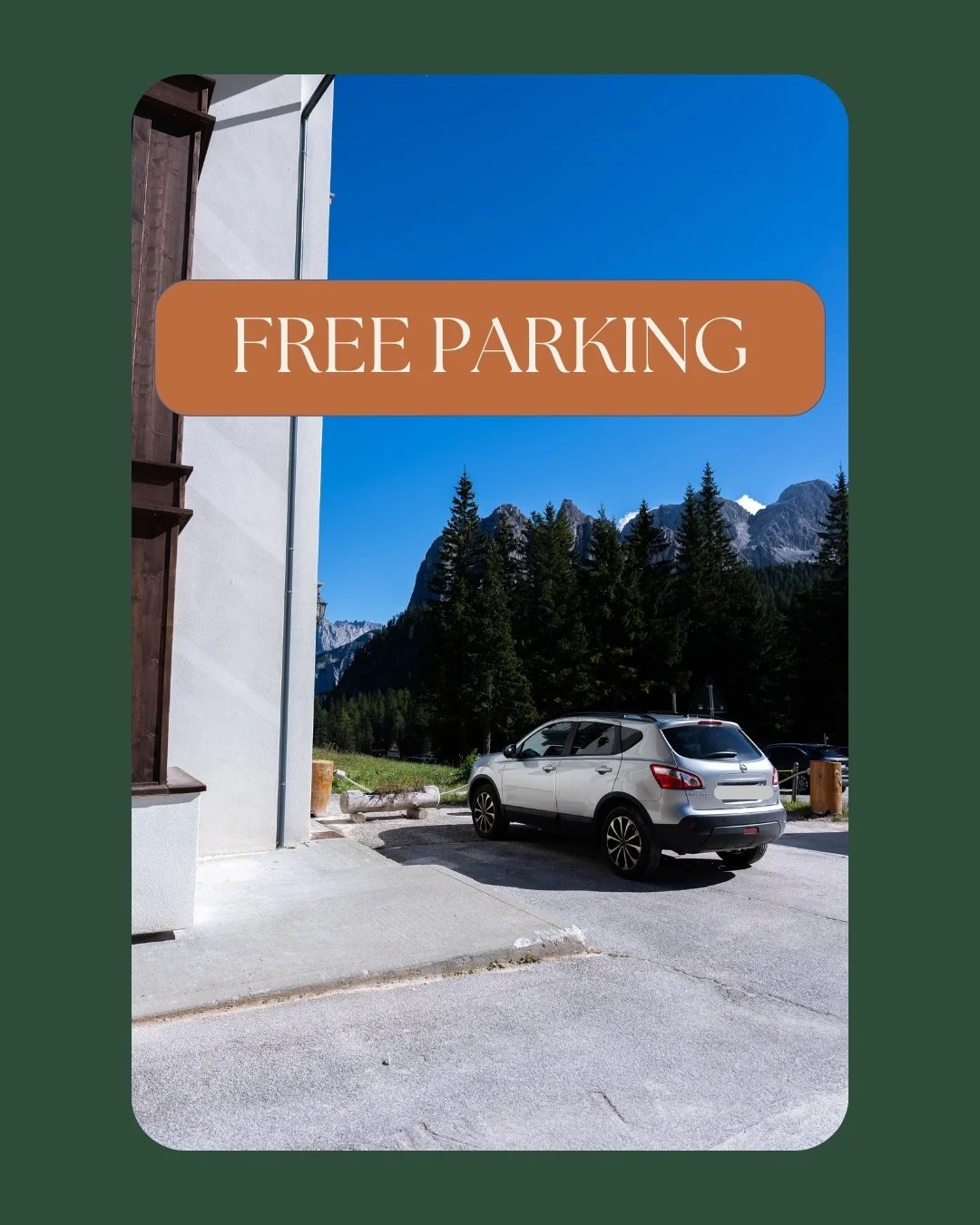 Who has never had trouble finding a parking space in Cortina?
Or wanted to go on a hike to lake Sorapiss and found the parking area full?

Here, both problems are solved.

Two parking spaces are always available.
And they are free of charge.

When yo