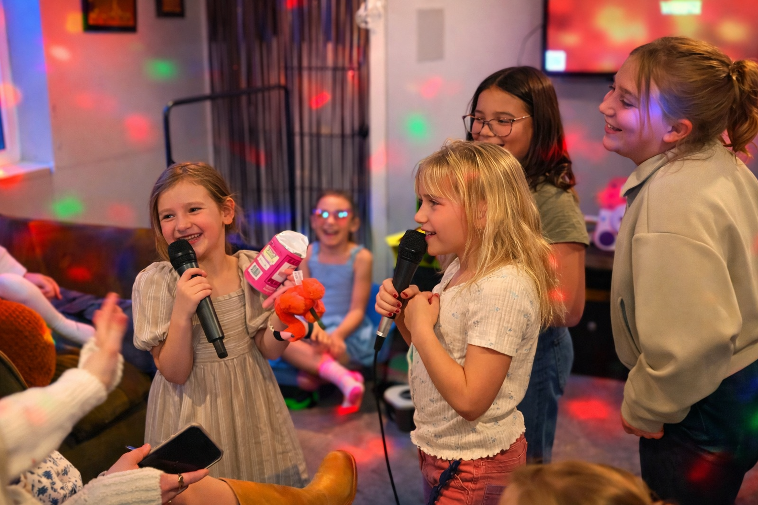 Children singing into microphones at a party, with colorful lights and a group of kids in the background.