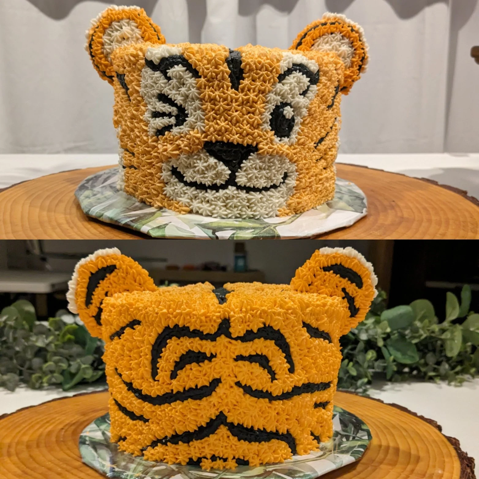 Cake designed to look like a tiger's face, with detailed orange, white, and black frosting to resemble tiger features, displayed on a wooden cake stand.