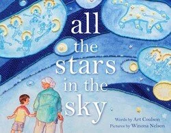 Illustration of children looking at a starry sky with planets and stars, with the text 'all the stars in the sky'.