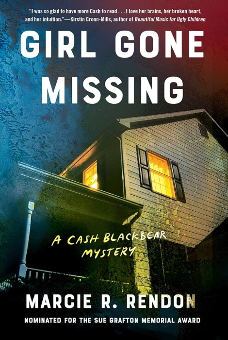 Book cover titled 'Girl Gone Missing' by Marcie R. Rendon, featuring an illustration of a house at night with lit windows, and a dark blue and purple background.