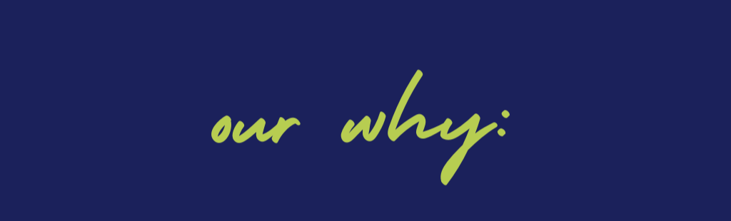 Text on a dark blue background that says "our why:" in green cursive font.