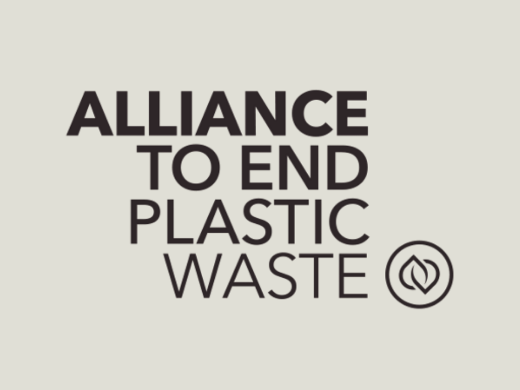 Text reads 'Alliance to End Plastic Waste' with a circular logo of a leaf inside it.