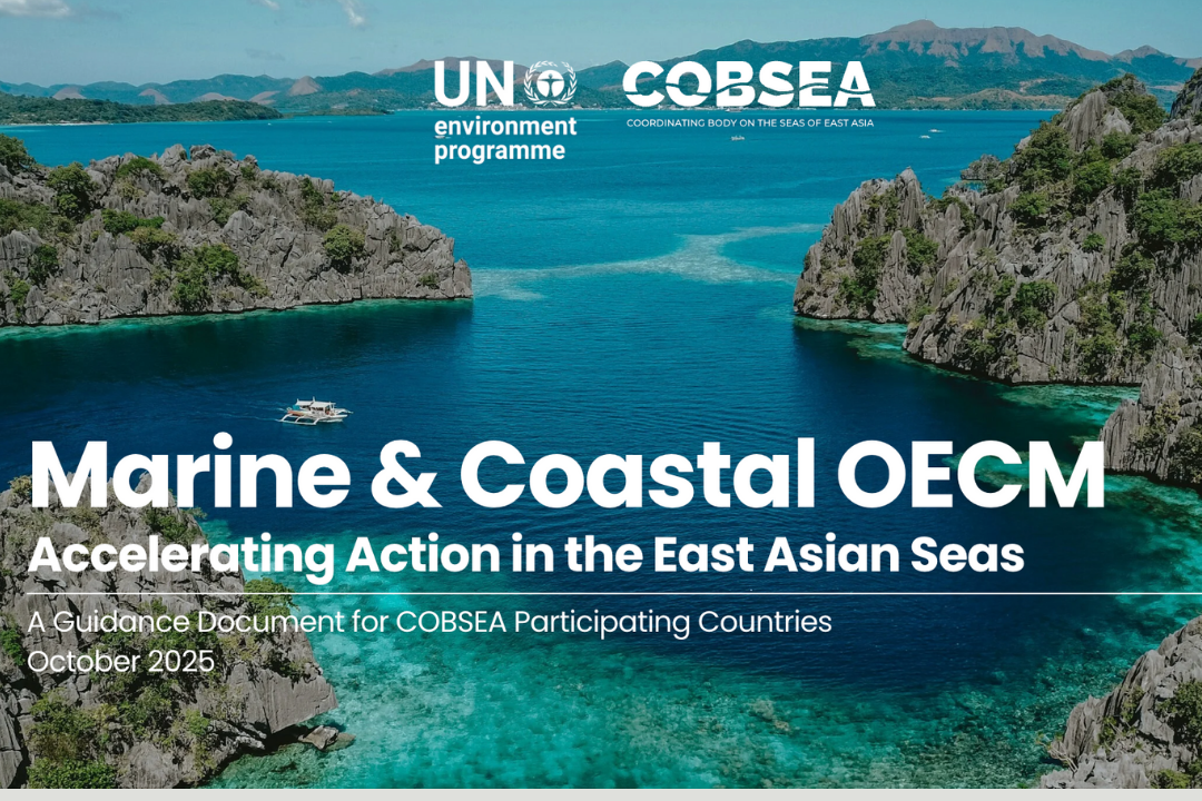 Cover page of a report titled 'Marine & Coastal OEM Accelerating Action in the East Asian Seas' with a background photo of a boat on clear blue water between rocky islands and mountains.