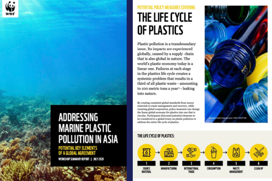 Cover page with ocean scene and coral reef on the left, and information about the life cycle of plastics and addressign marine plastic pollution in Asia on the right.