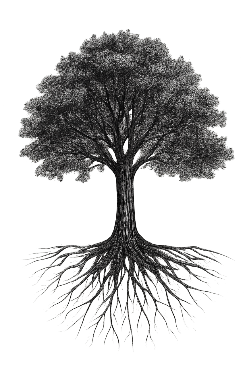 Black and white illustration of a tree with detailed roots, trunk, and full foliage.