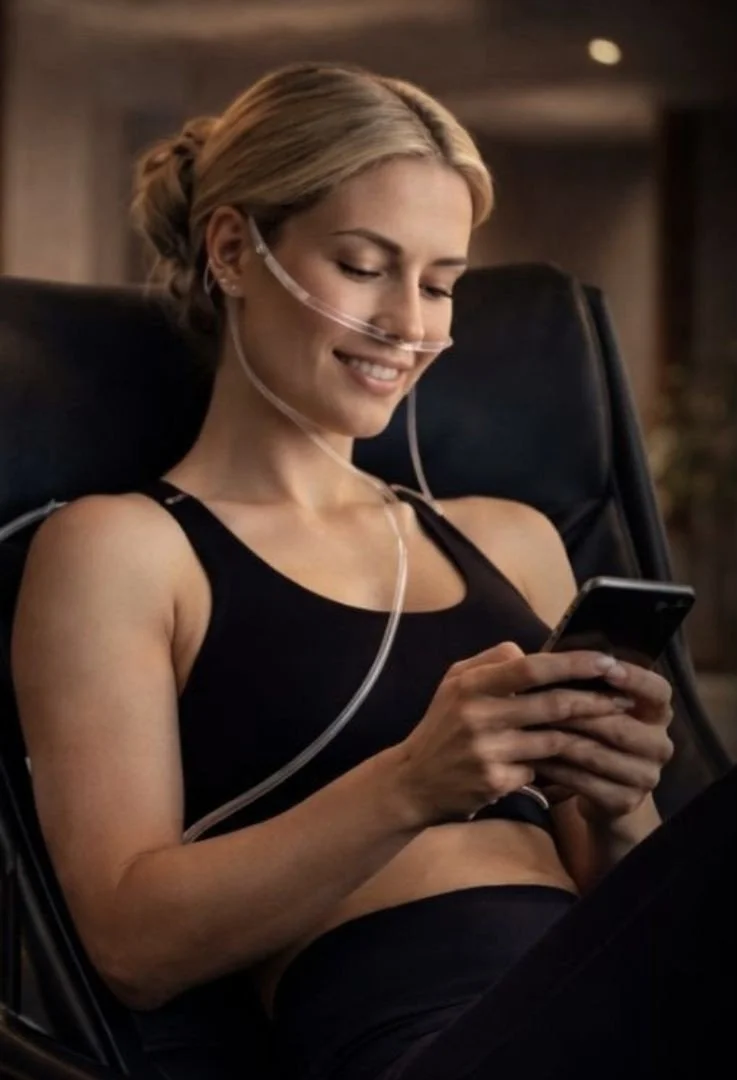 Woman using hydrotherapy inhalation therapy at Elevae Longevity Lounge for recovery, respiratory support, and wellness optimization.