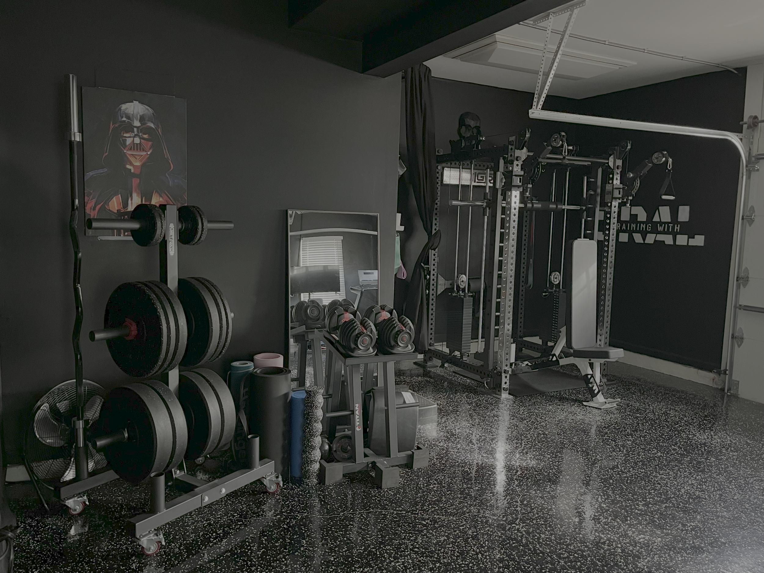 Home gym with black and gray equipment, including a weight rack with dumbbells, a mirror, a squat rack.