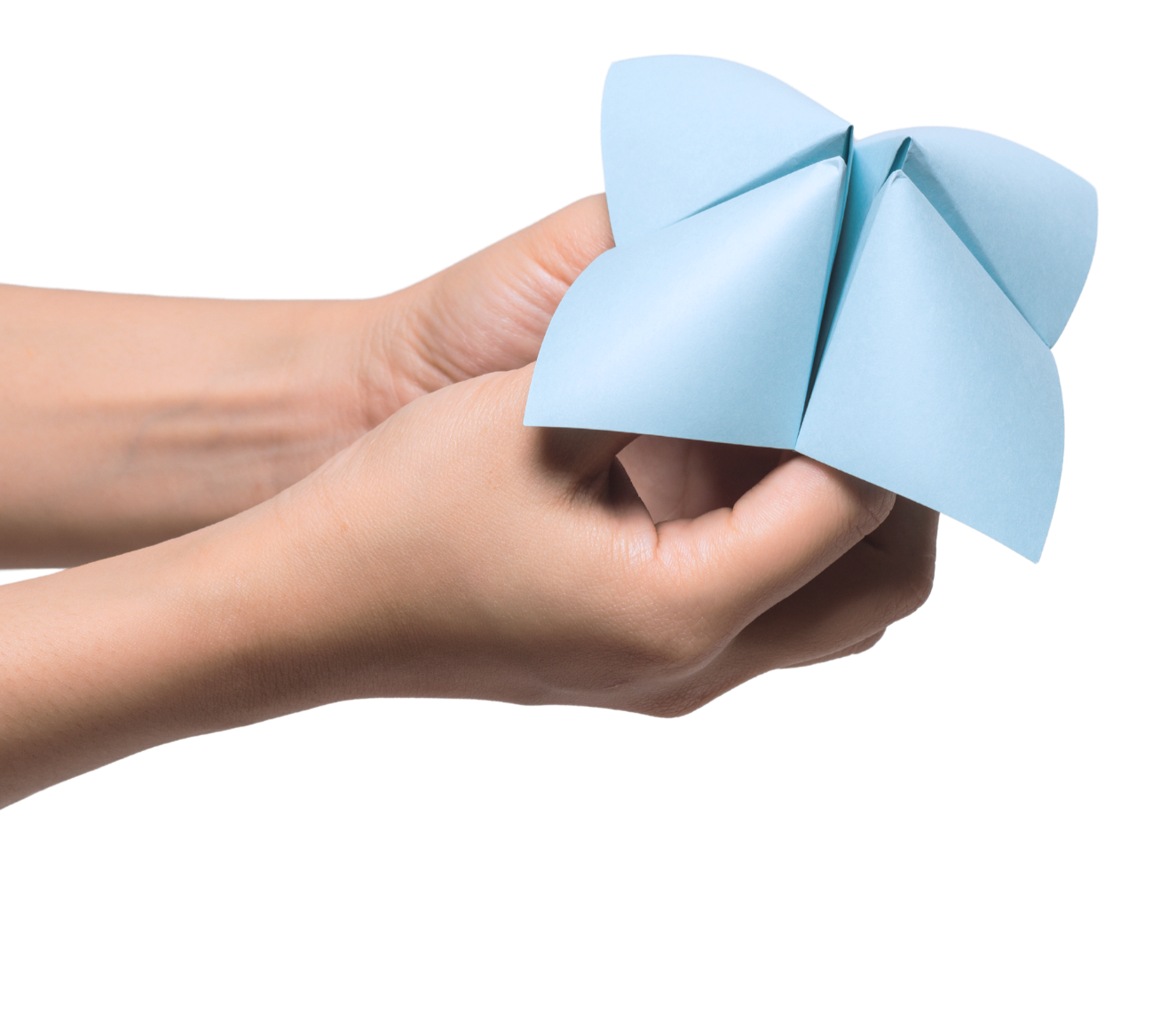 Person holding a blue paper butterfly origami.