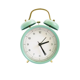 Mint green analog alarm clock showing the time as 2:11