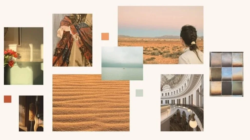 Collection de plusieurs photographies aux tons terreux et pastel, représentant un désert, une femme regardant le paysage, un intérieur architectural élégant, un motif de 16 tuiles métalliques, et un étang calme