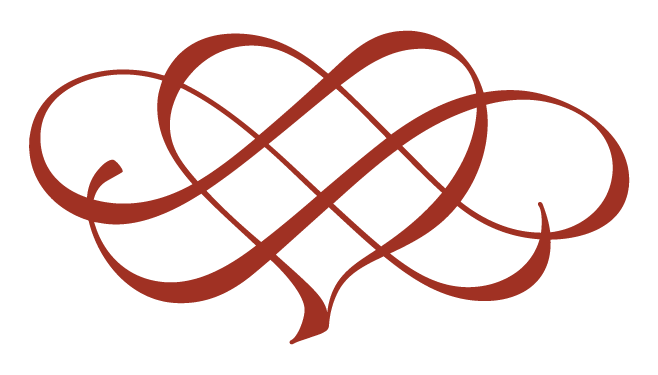 Decorative red heart with intricate swirls and loops on a black background.