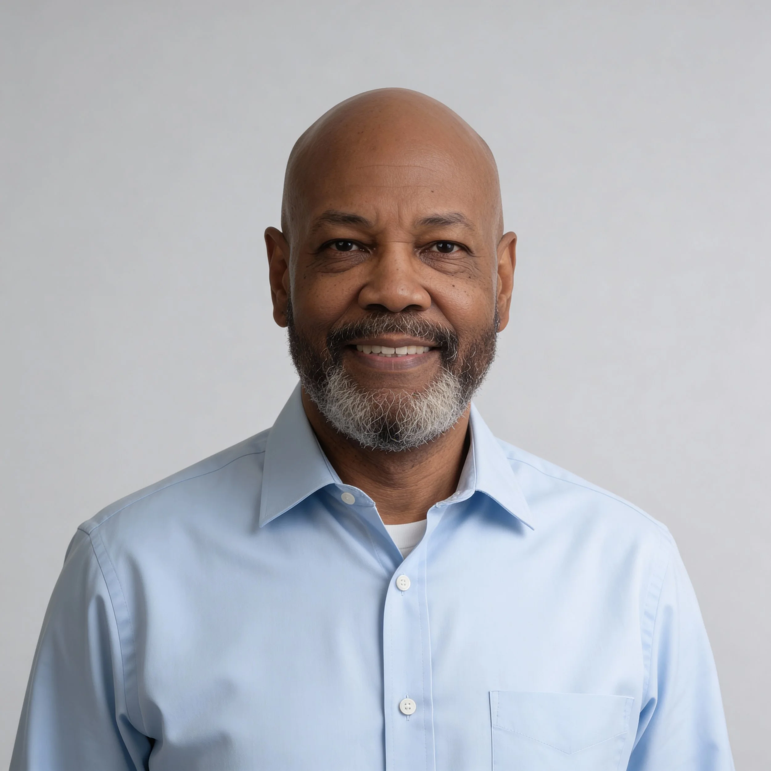 smiling middle-aged man with a beard, wearing a light blue button-up shirt, against a plain light background.