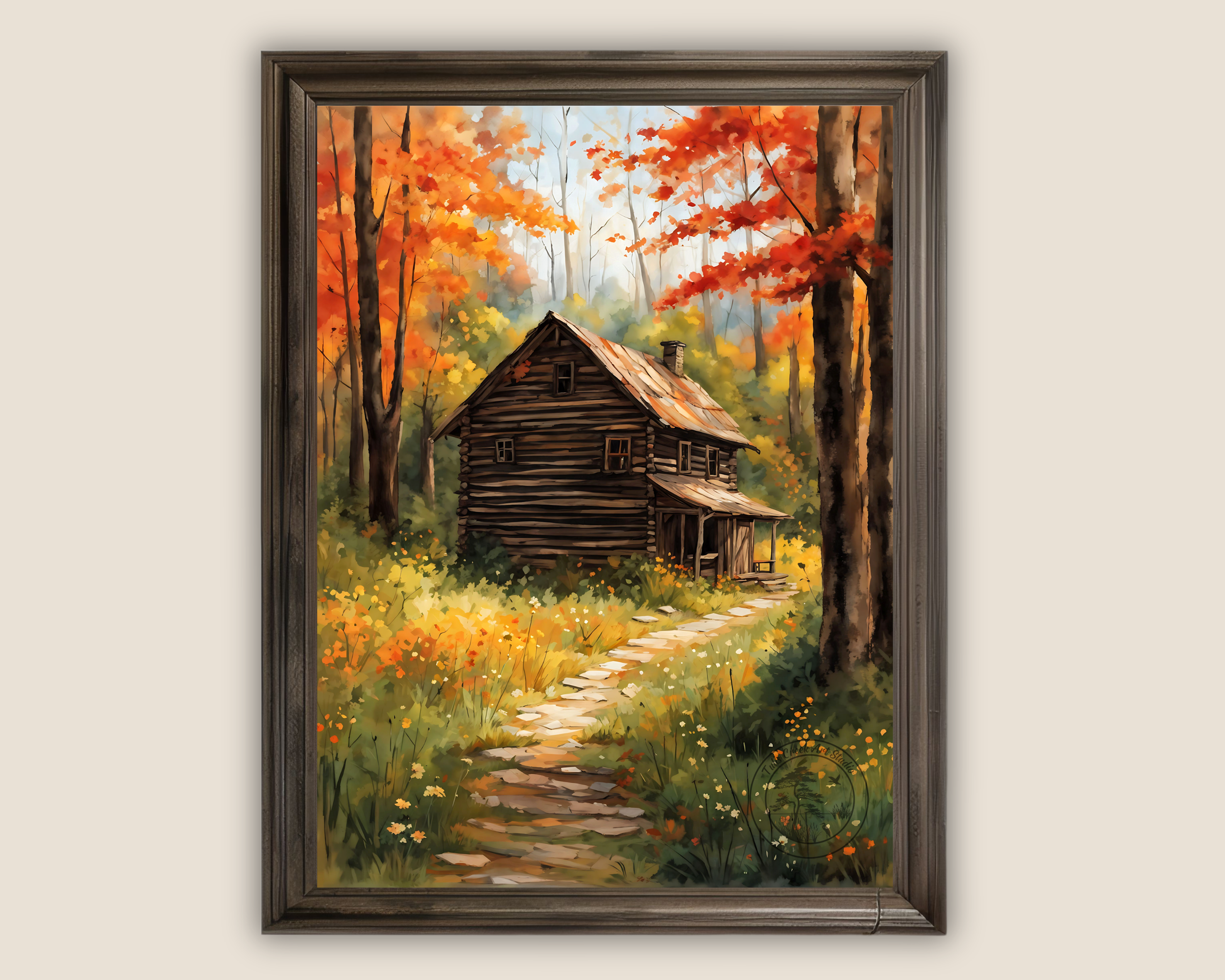 Painted in rich, warm tones of orange, yellow, and red, this cozy log cabin is surrounded by a forest bathed in fall foliage, creating a tranquil, nostalgic scene perfect for any home.