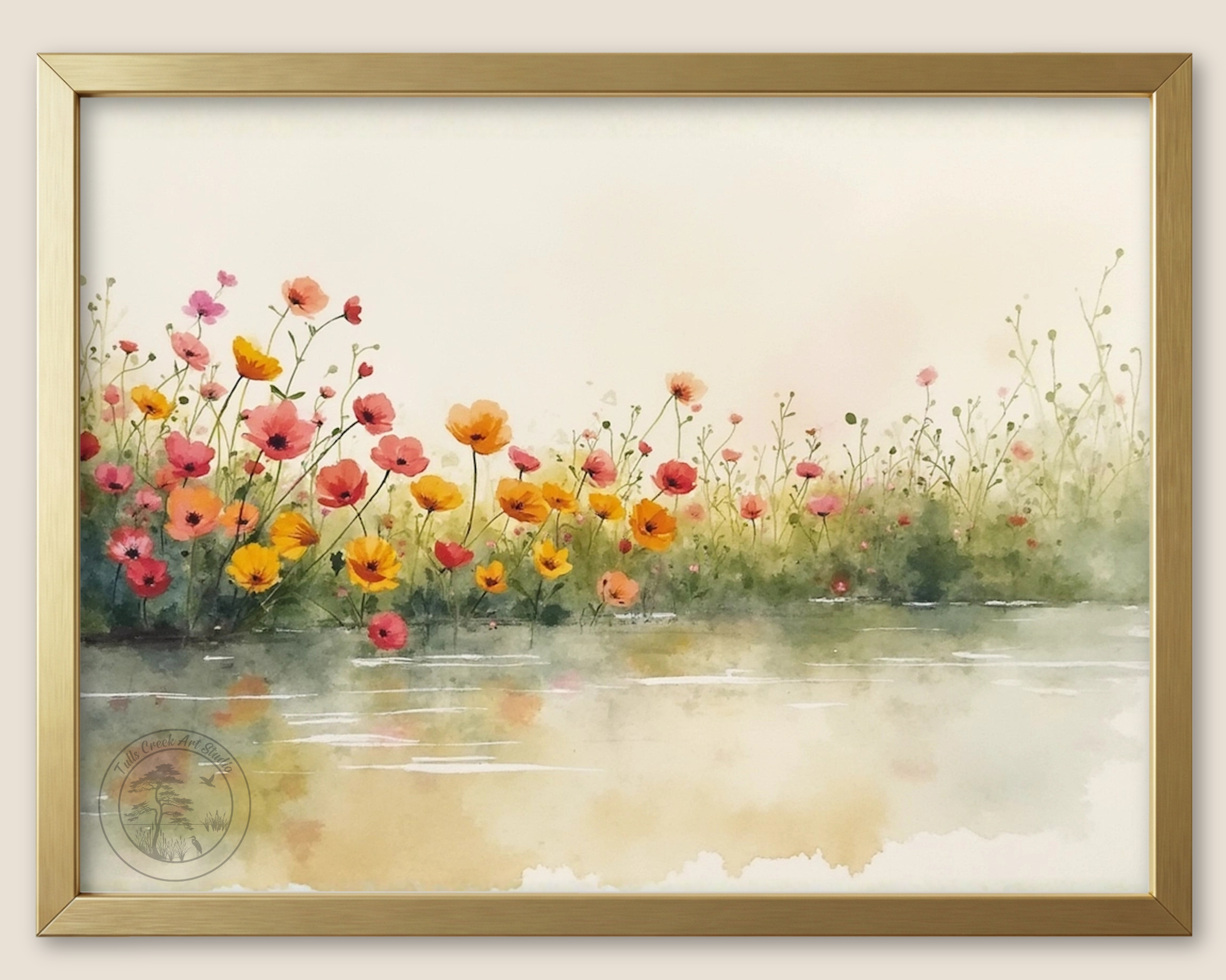Watercolor Poppies of Pink and Yellow reflect into the ponds edge