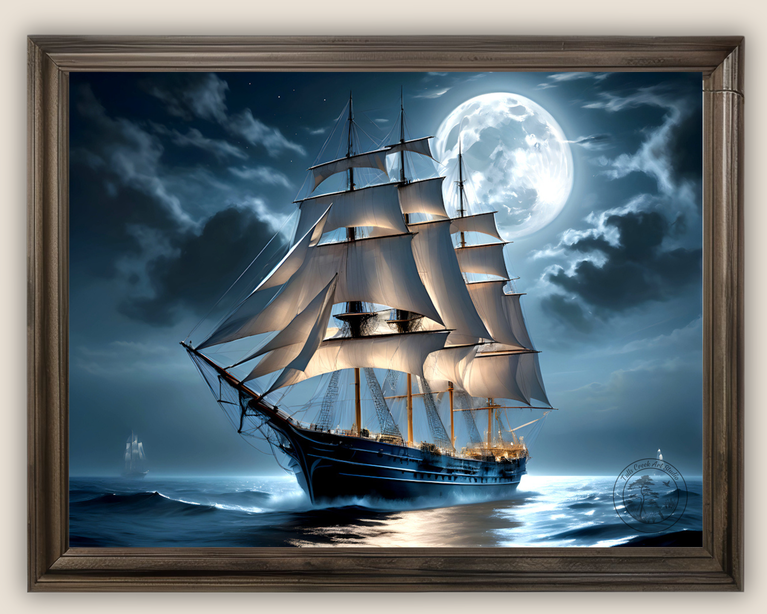 This dramatic nautical night scene features a majestic tall ship illuminated by a glowing full moon, creating a breathtaking piece