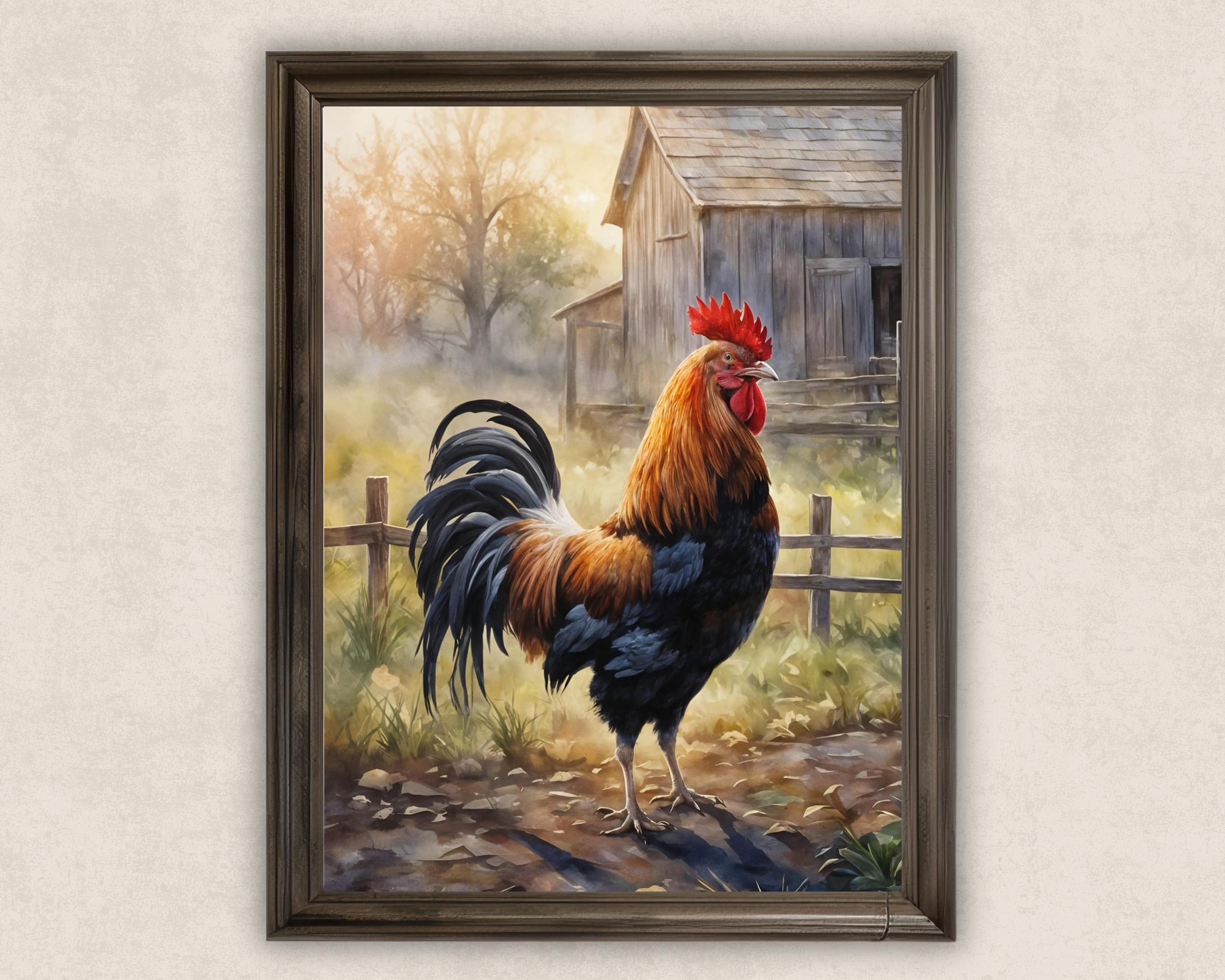 Painting of a rooster standing in front of a rustic farm building with trees and a fence, illuminated by warm sunlight.