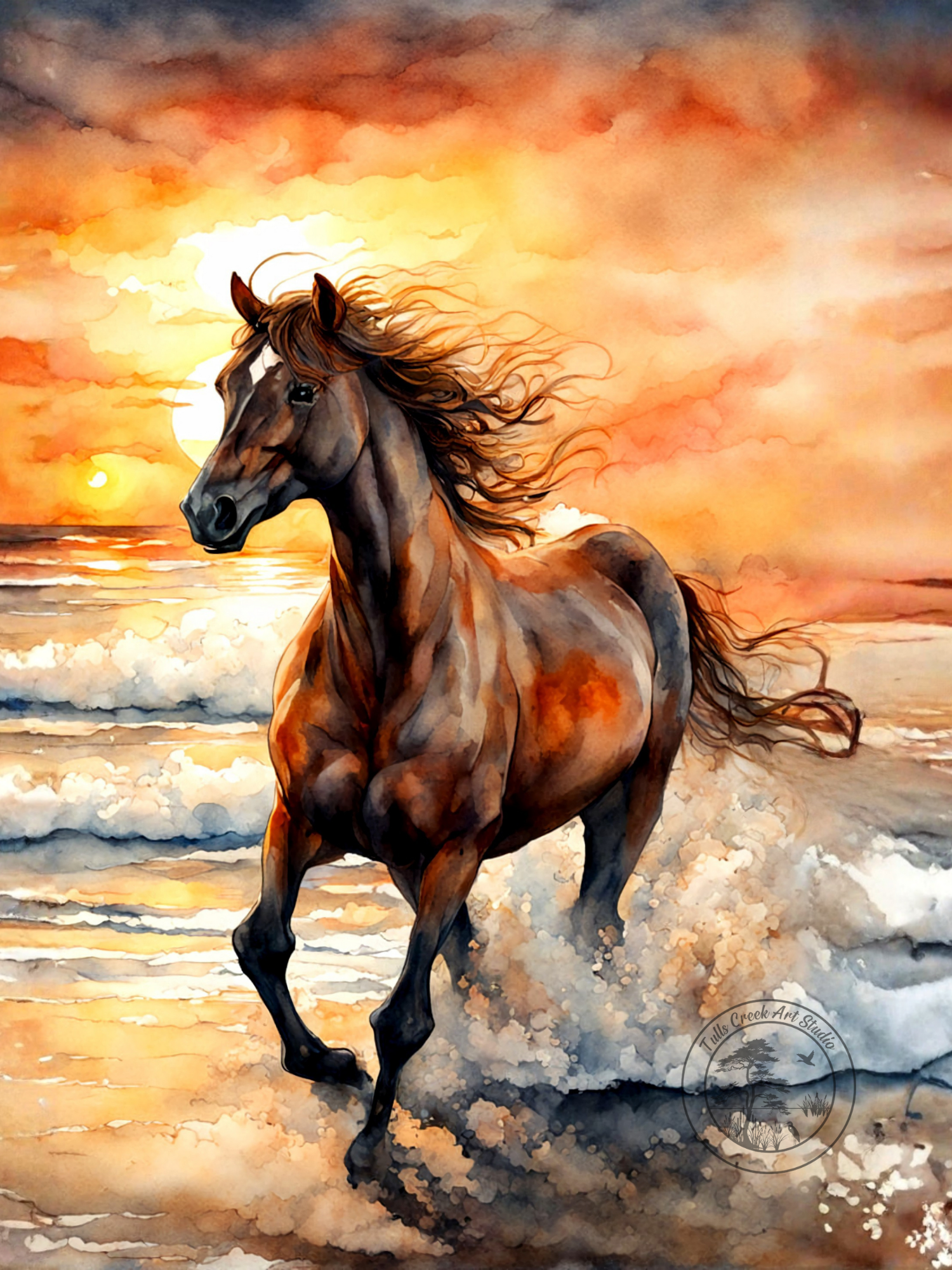 A watercolor painting of a brown horse running on the beach at sunset, with the sun low in the sky and waves crashing behind it.