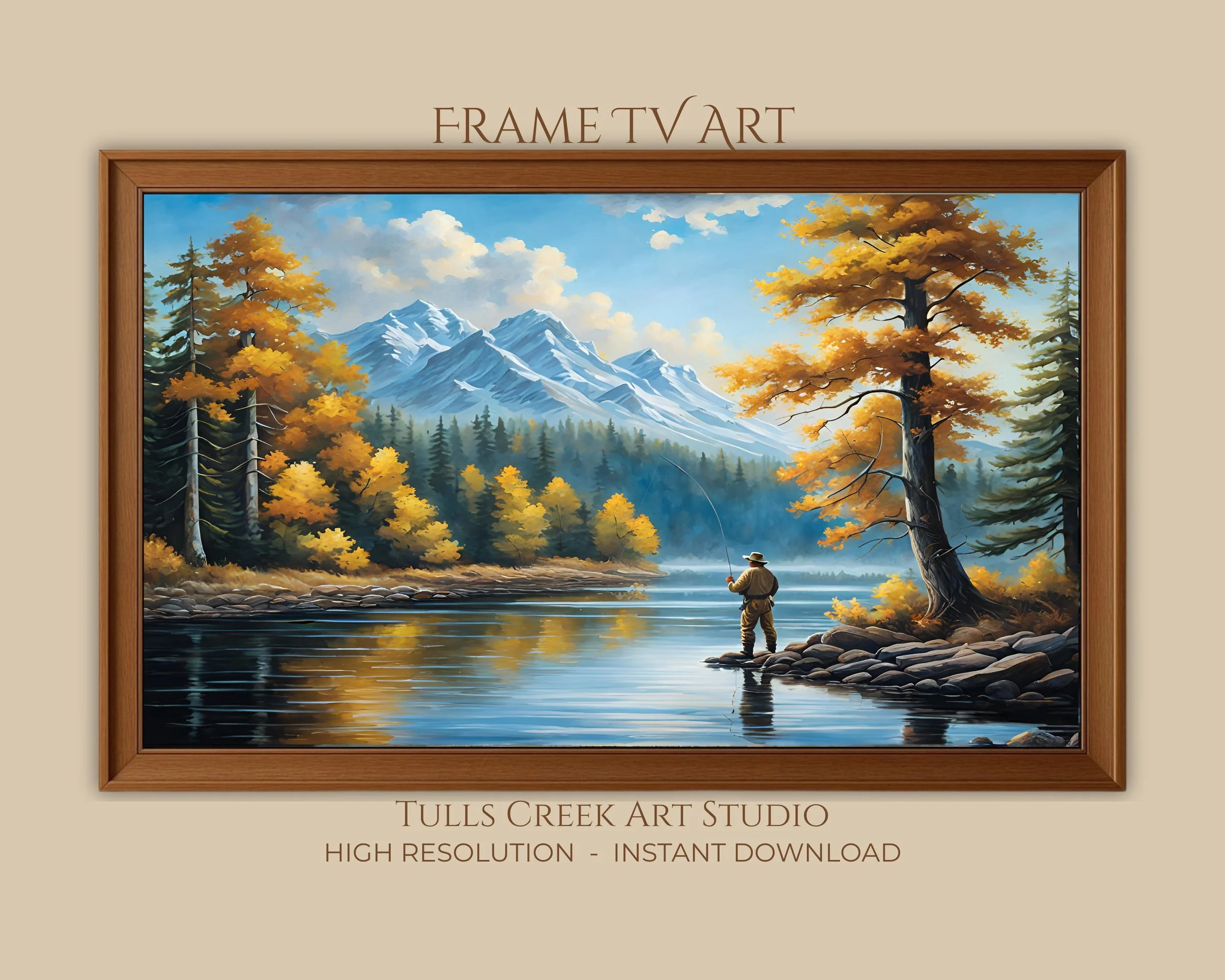 A fisherman stand on the banks of a lake in the Rocky Mountians