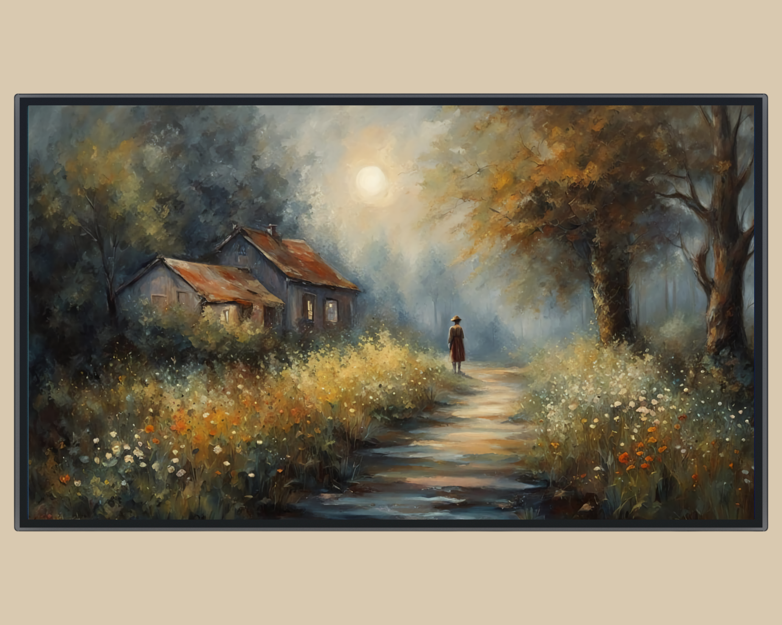 A softly painted evening landscape showing a moonlit countryside path, rustic cottages with glowing windows, wildflowers, and trees in a calm, nostalgic atmosphere.