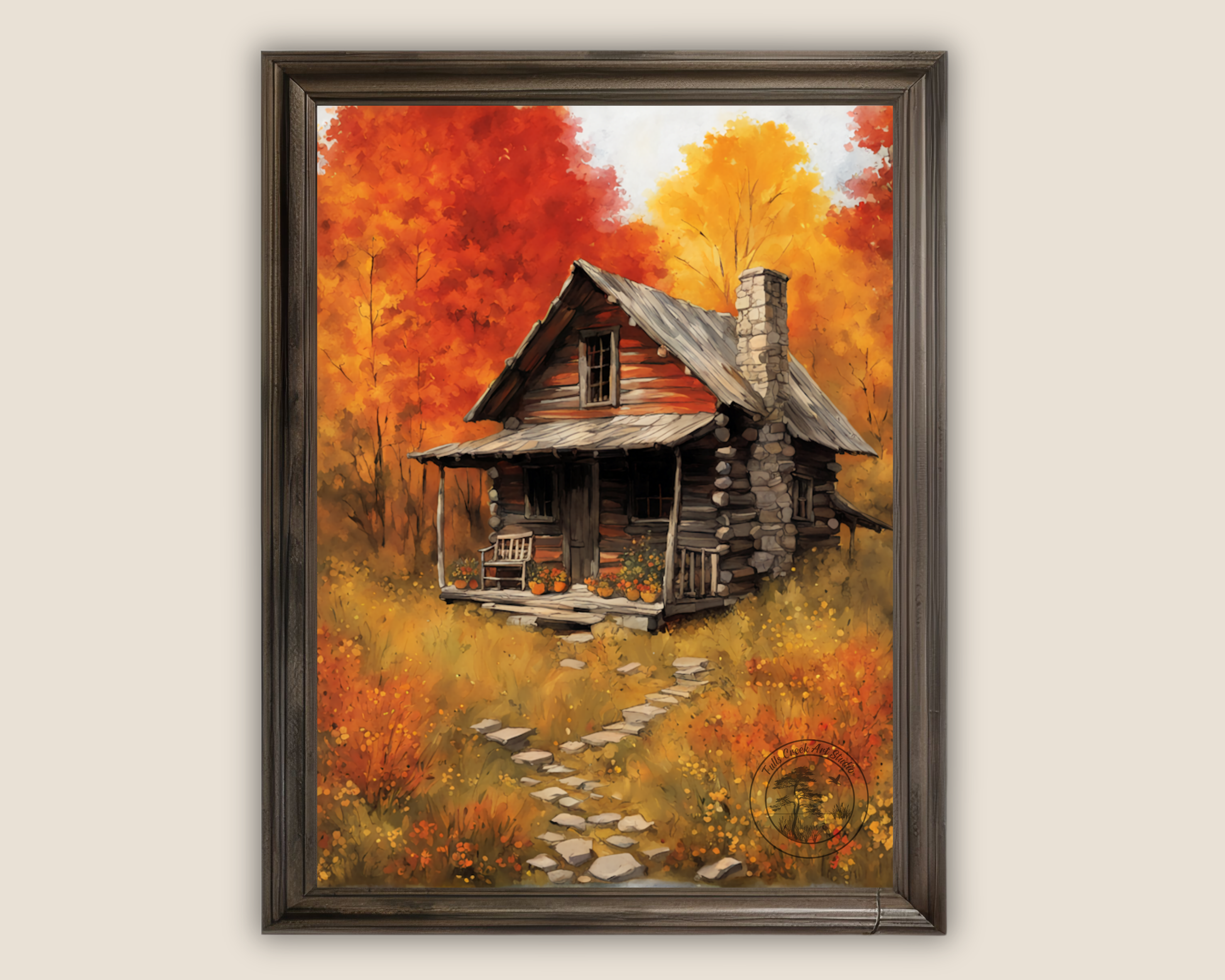 This beautifully crafted illustration captures a cozy log cabin nestled in vibrant fall foliage, evoking the charm of a peaceful mountain retreat in North Carolina.
