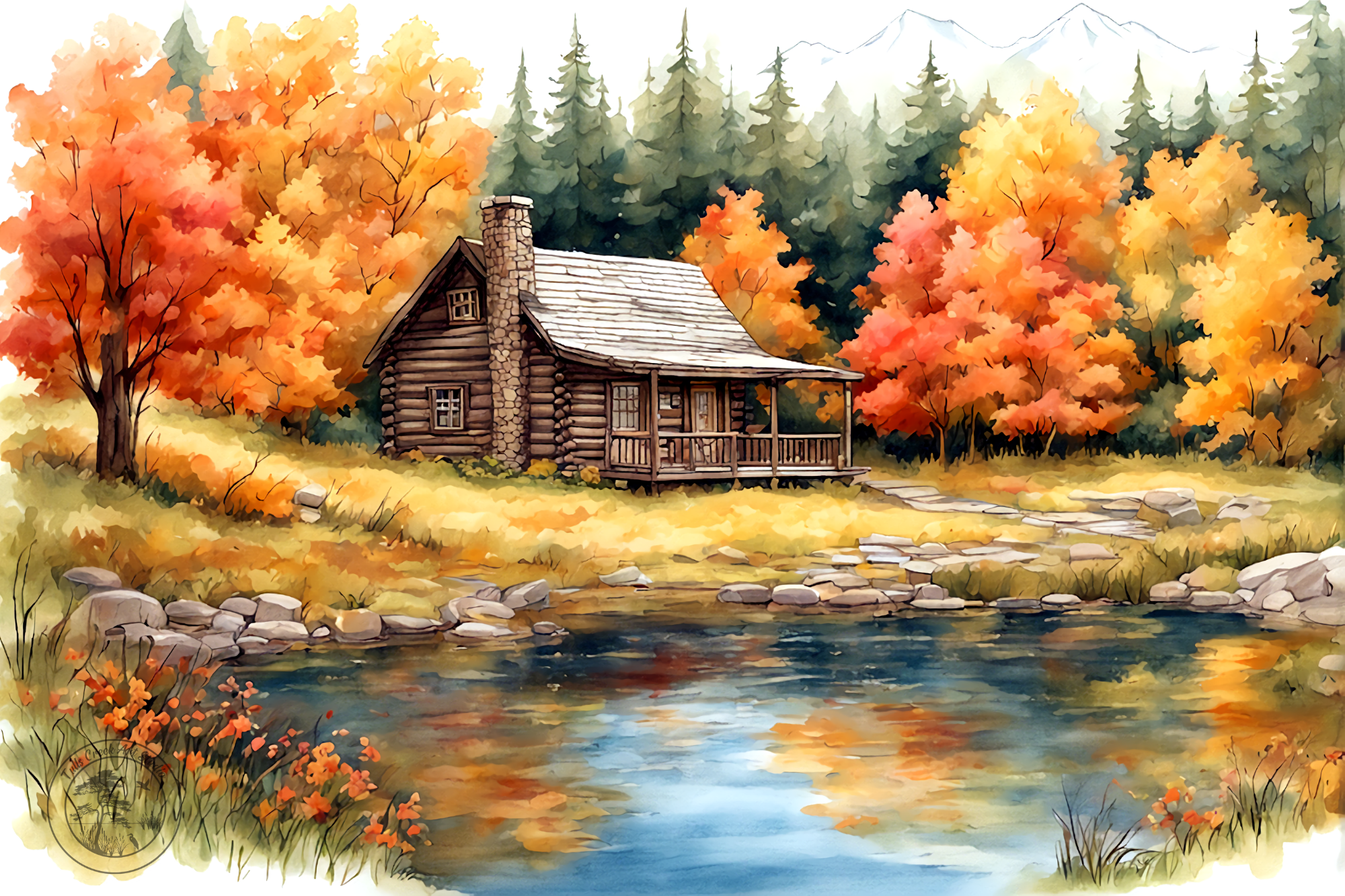 A watercolor painting of a cozy log cabin surrounded by vibrant autumn trees with orange, yellow, and red leaves. The cabin has a stone chimney and a front porch. In front of the cabin, a gently flowing creek reflects the fall foliage, with rocks along the creek's edge and distant mountains in the background.