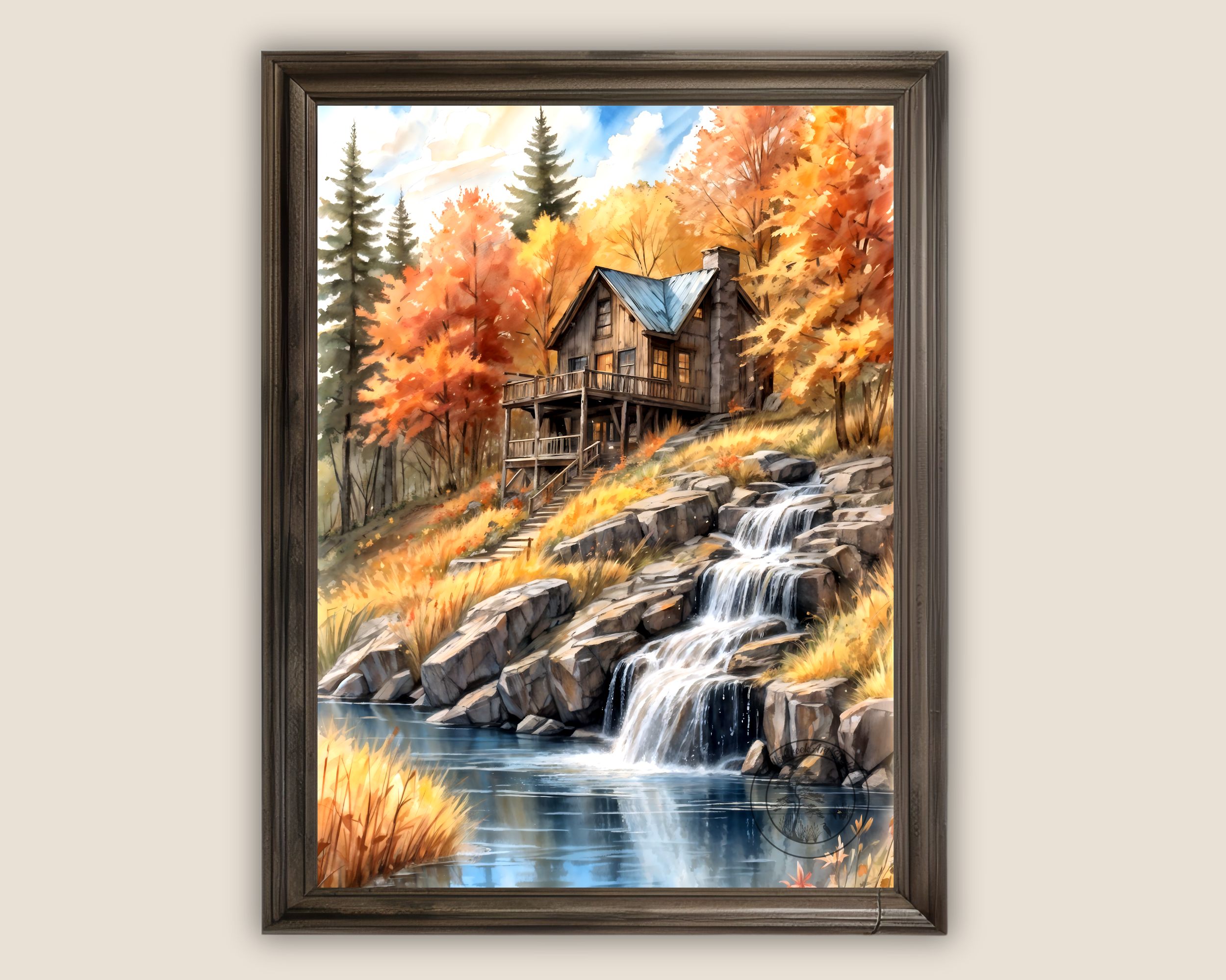 This stunning image features a watercolor and alcohol ink depiction of a rustic log cabin perched on a mountain slope beside a cascading waterfall that flows into a serene creek.