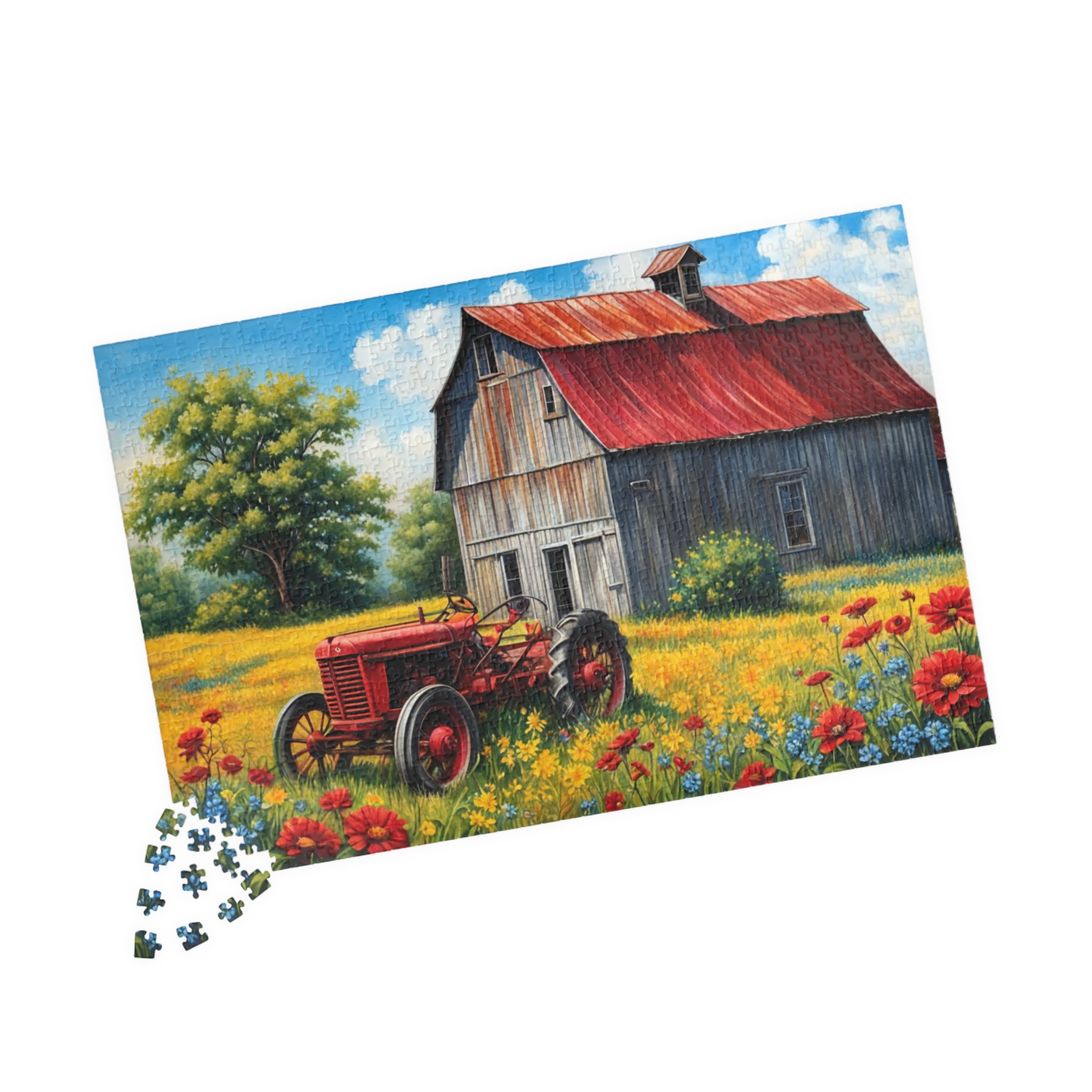 A jigsaw puzzle of an old red tractor in front of a old weathered barn with a rusty tin roof.