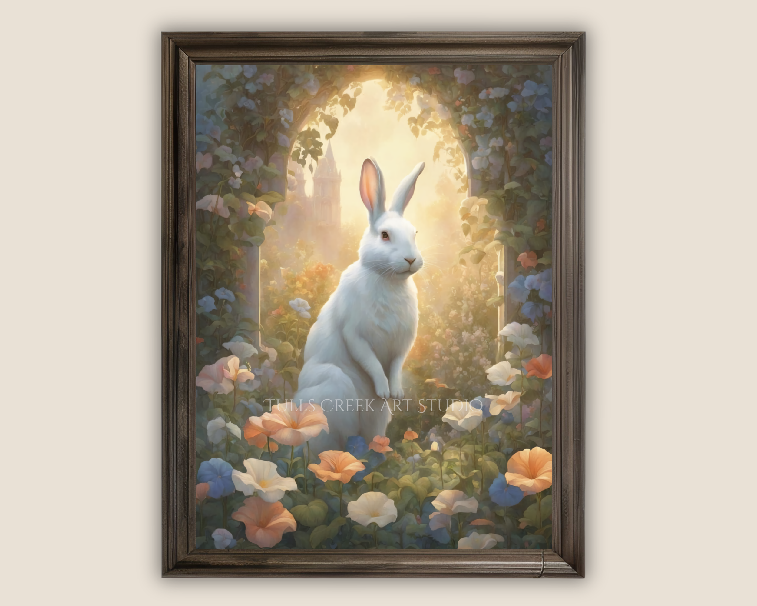 White Bunny surrounded by Morning Glories