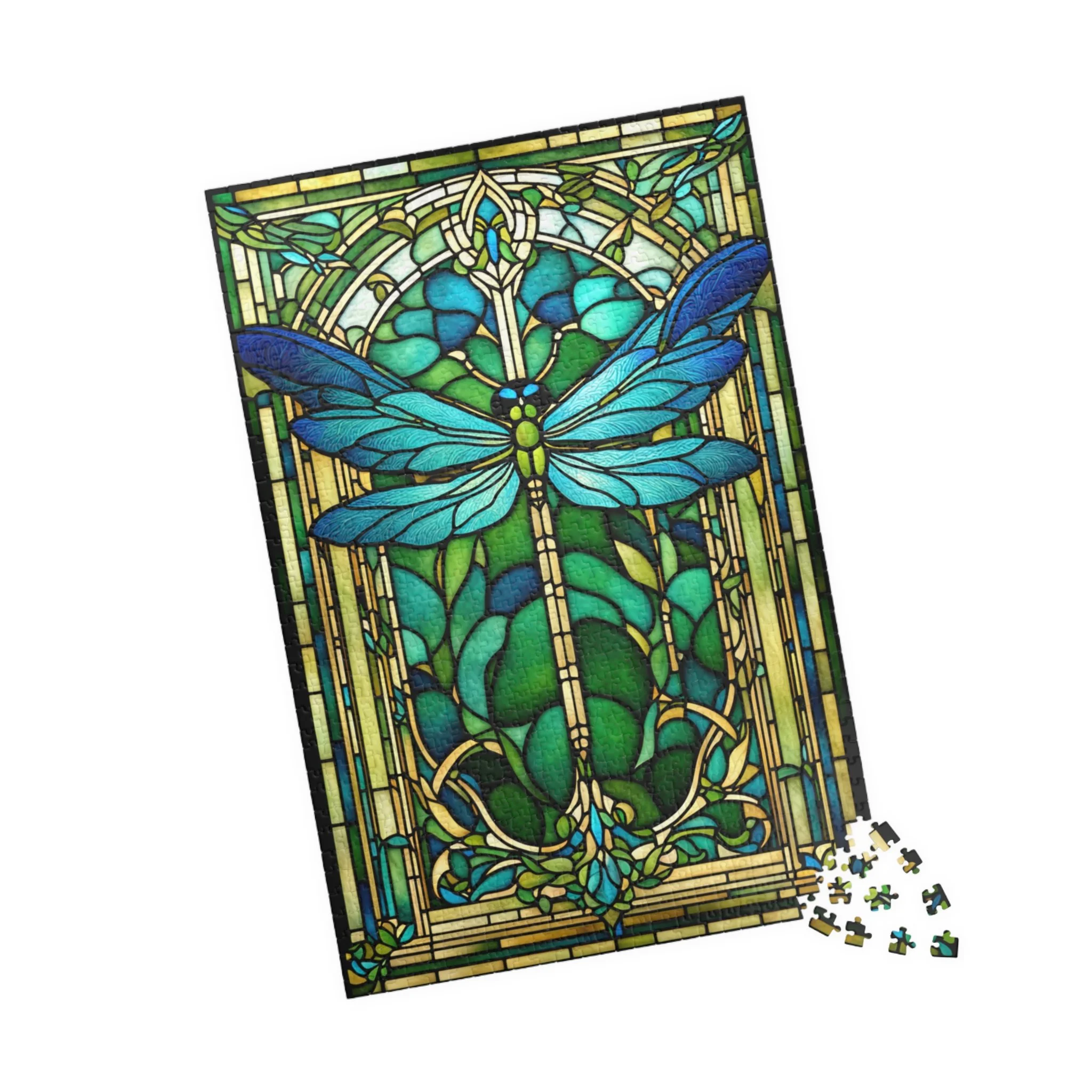 A jigsaw puzzle of a Blue Dragonfly captured in Stained Glass.