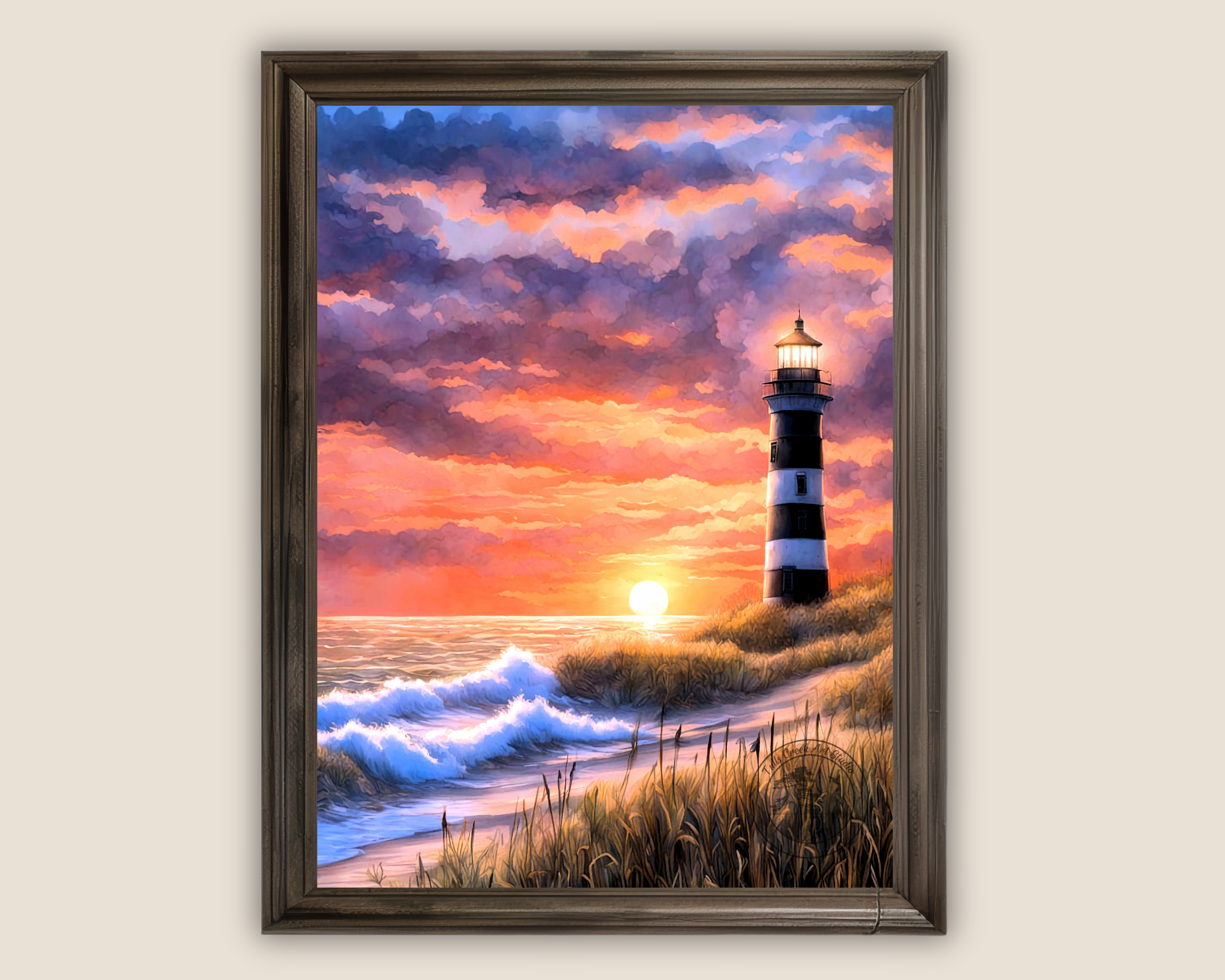 Coastal Light captures a breathtaking sunset over rolling ocean waves, soft sea grass, and a shining lighthouse guiding the last light of day.