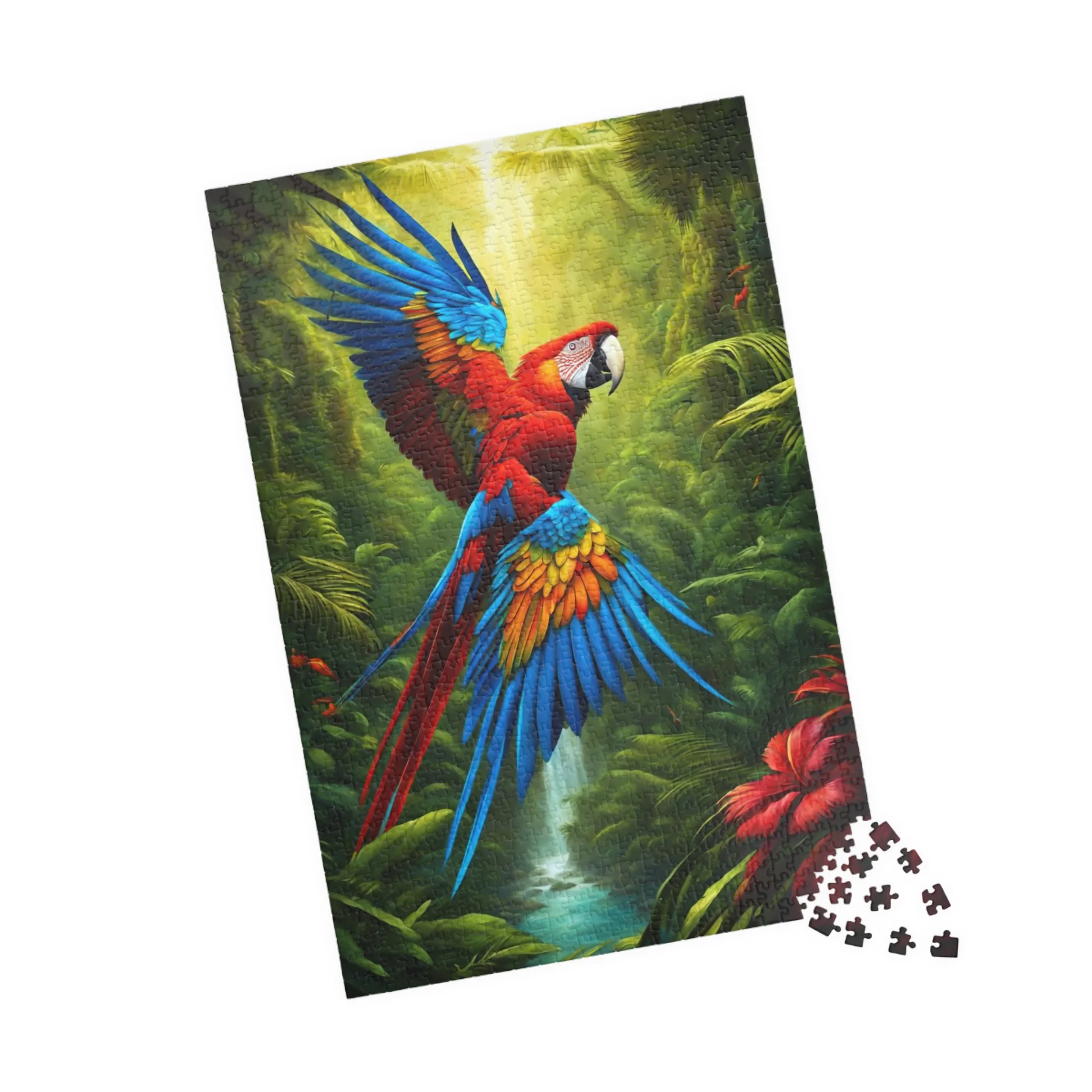 A jigsaw puzzle depicting a Tropical Macaw in a jungle.