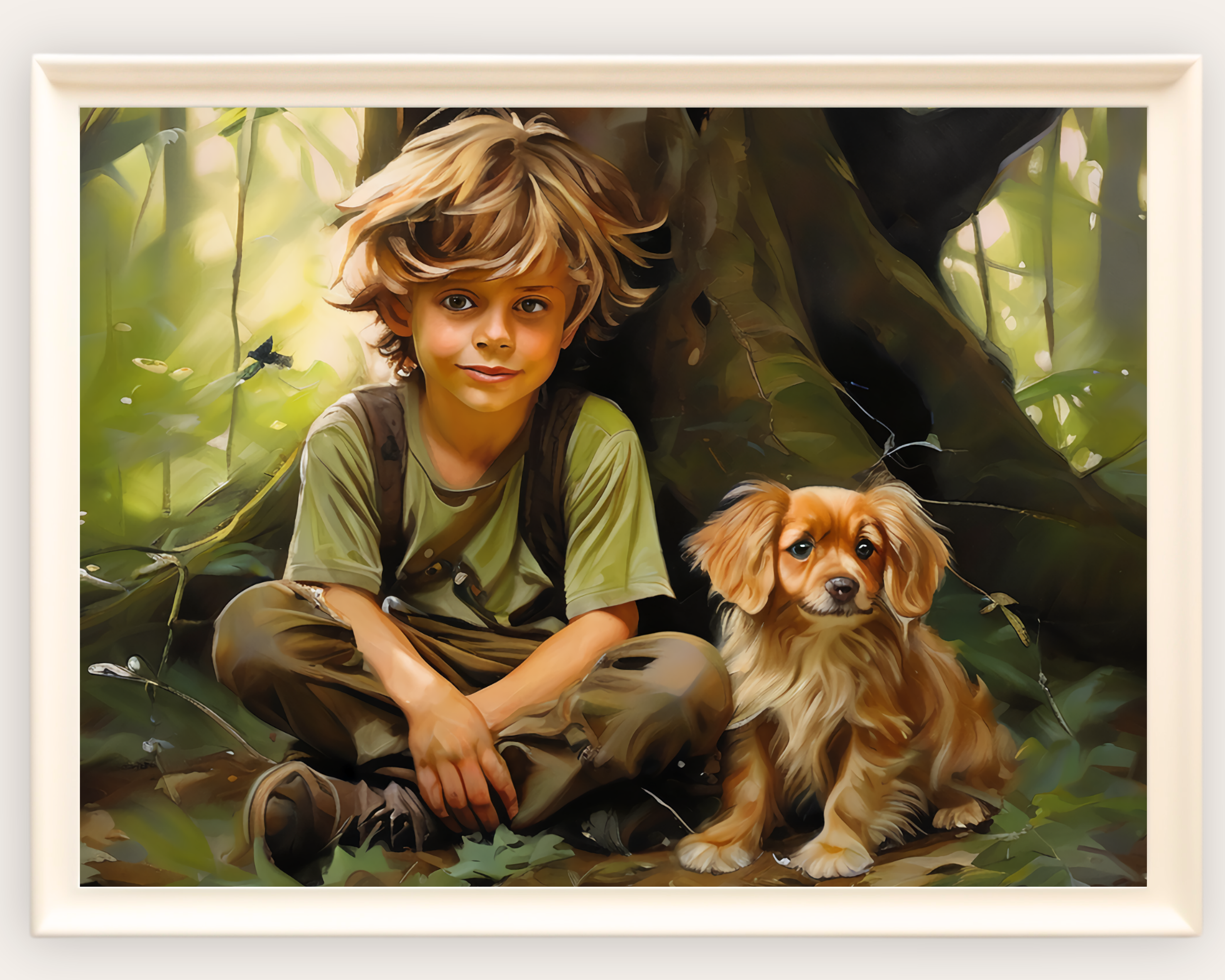 A little boy sitting under a tree with his puppy