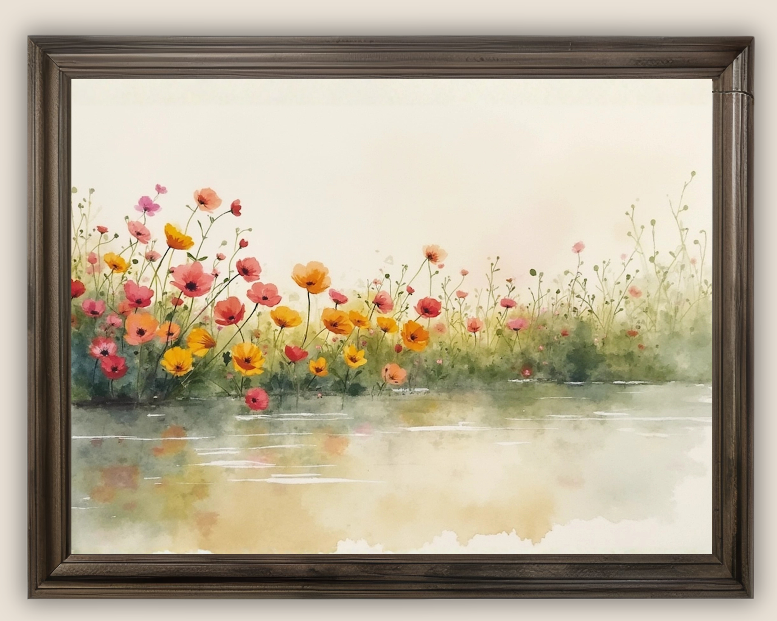 Pink and yellow poppies growing next to a stream.