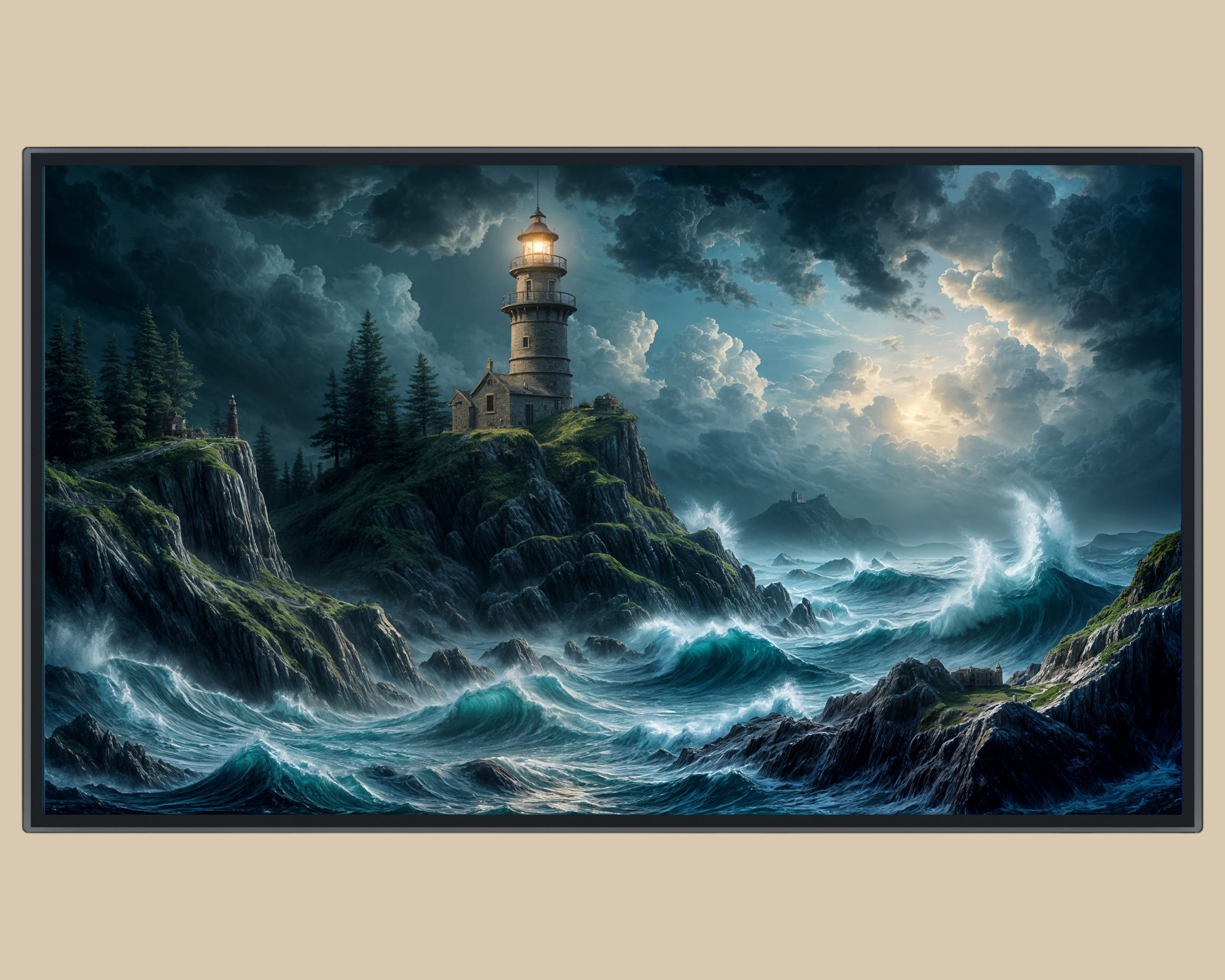 Stormy lighthouse artwork showing massive waves hitting rocky cliffs under dark clouds, with a glowing beacon tower overlooking the turbulent ocean. Dramatic nautical coastal wall art for Frame TV.