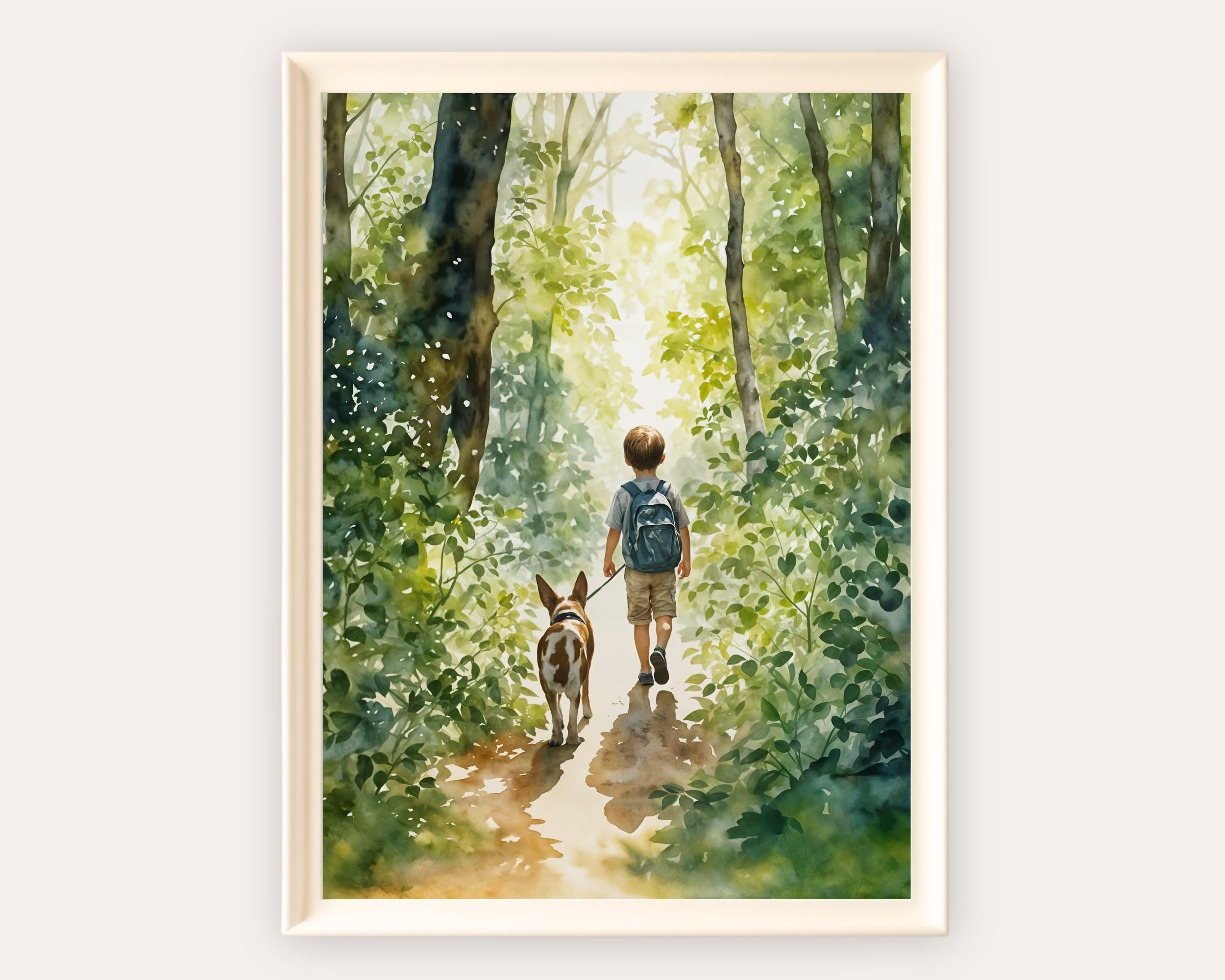 A little boy walking through the woods with his dog