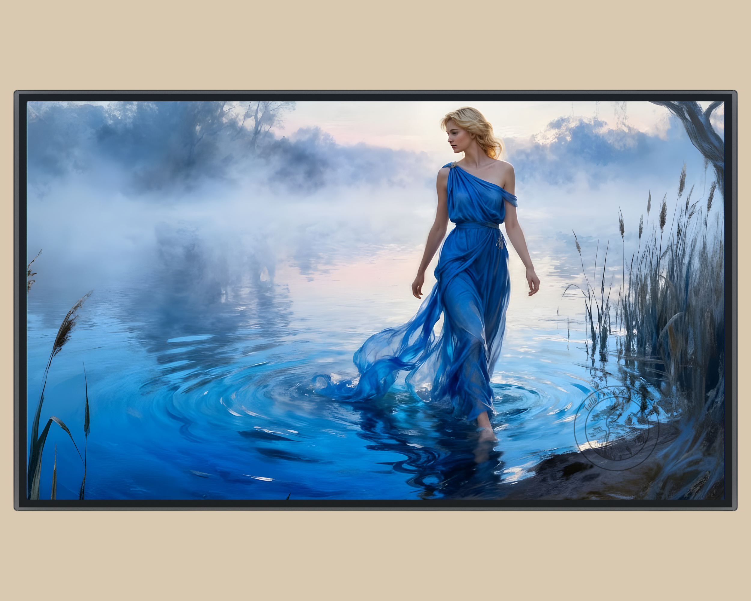 Samsung Frame TV displaying blue water nymph walking through misty lake at dawn, calm fantasy art.