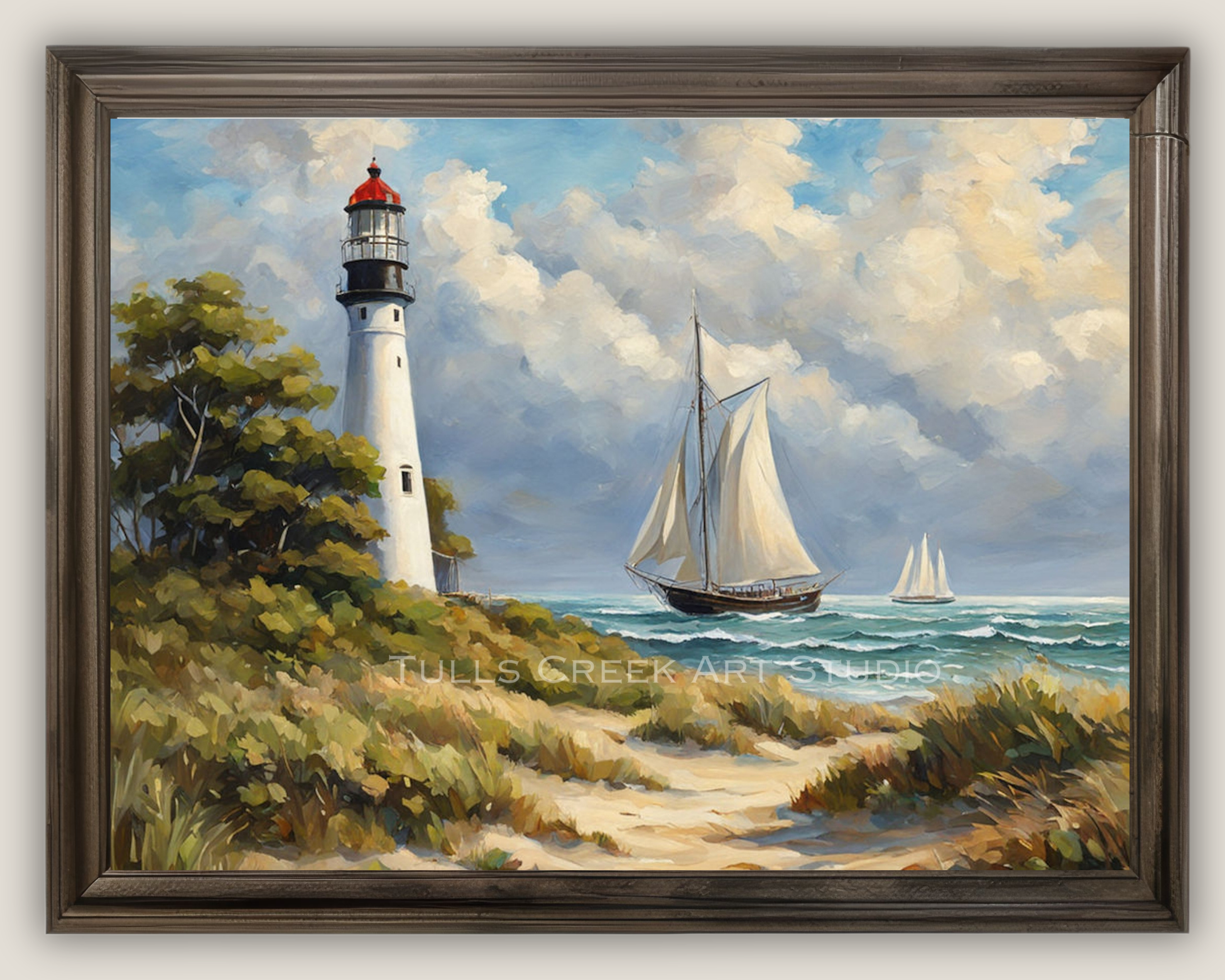 A sail boat sailing by a lighthouse