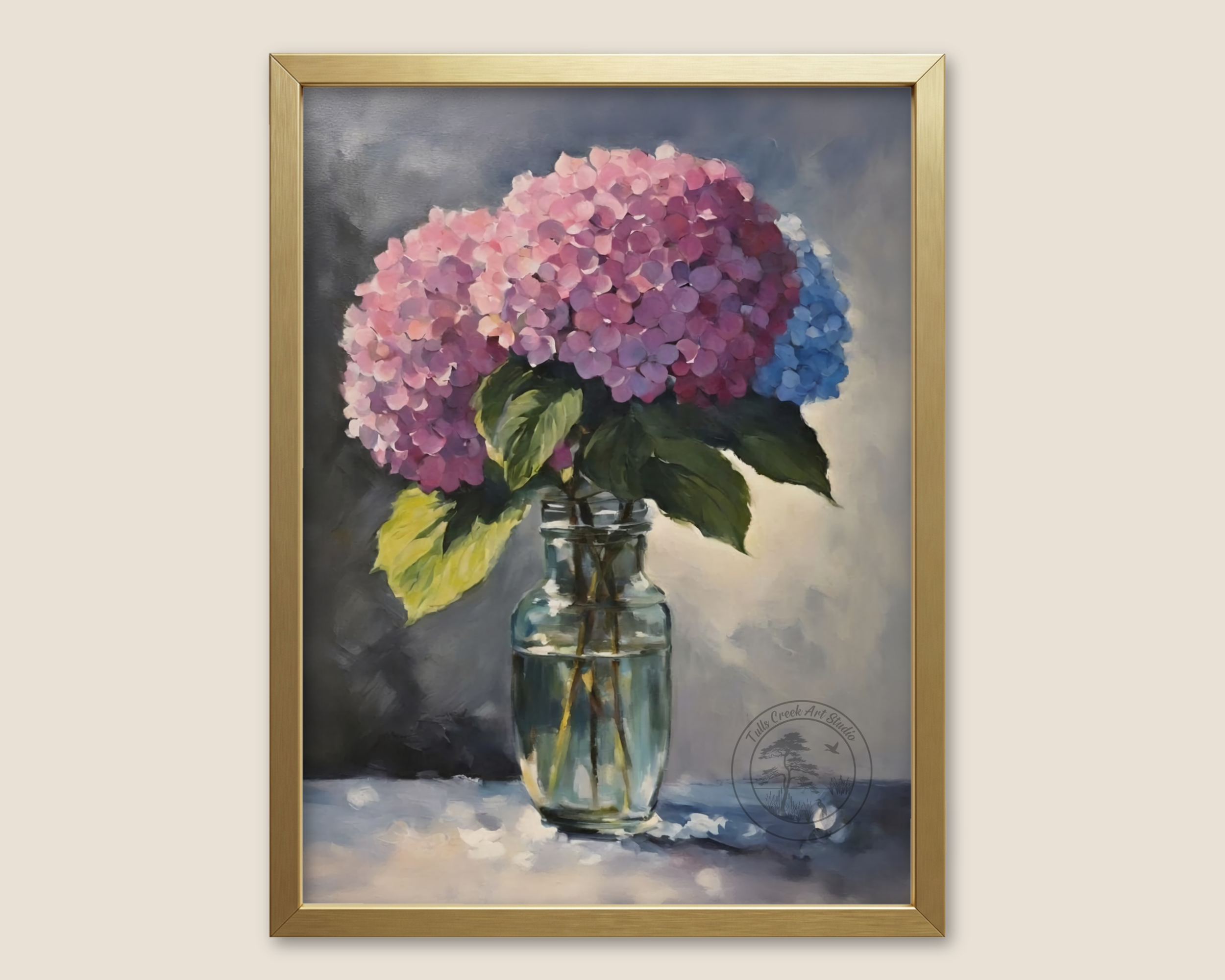 Blue & Pink Hydrangea Blossoms in a Glass Jar